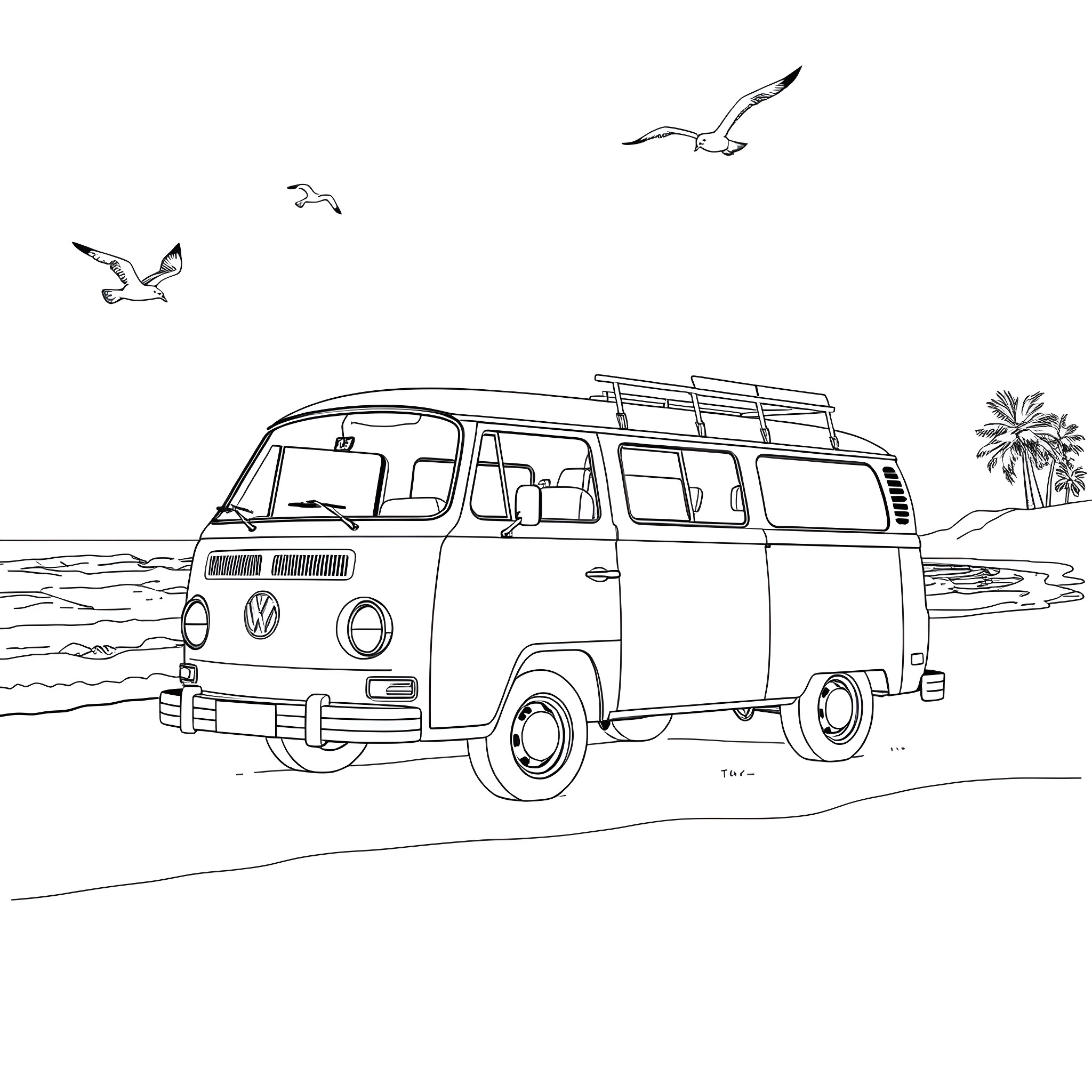 VW T1 Bus on the beach with seagulls Coloring Page (free black-and-white line drawing printable PDF for all, from beginners to advanced learners, including children, teens, adults, and seniors)