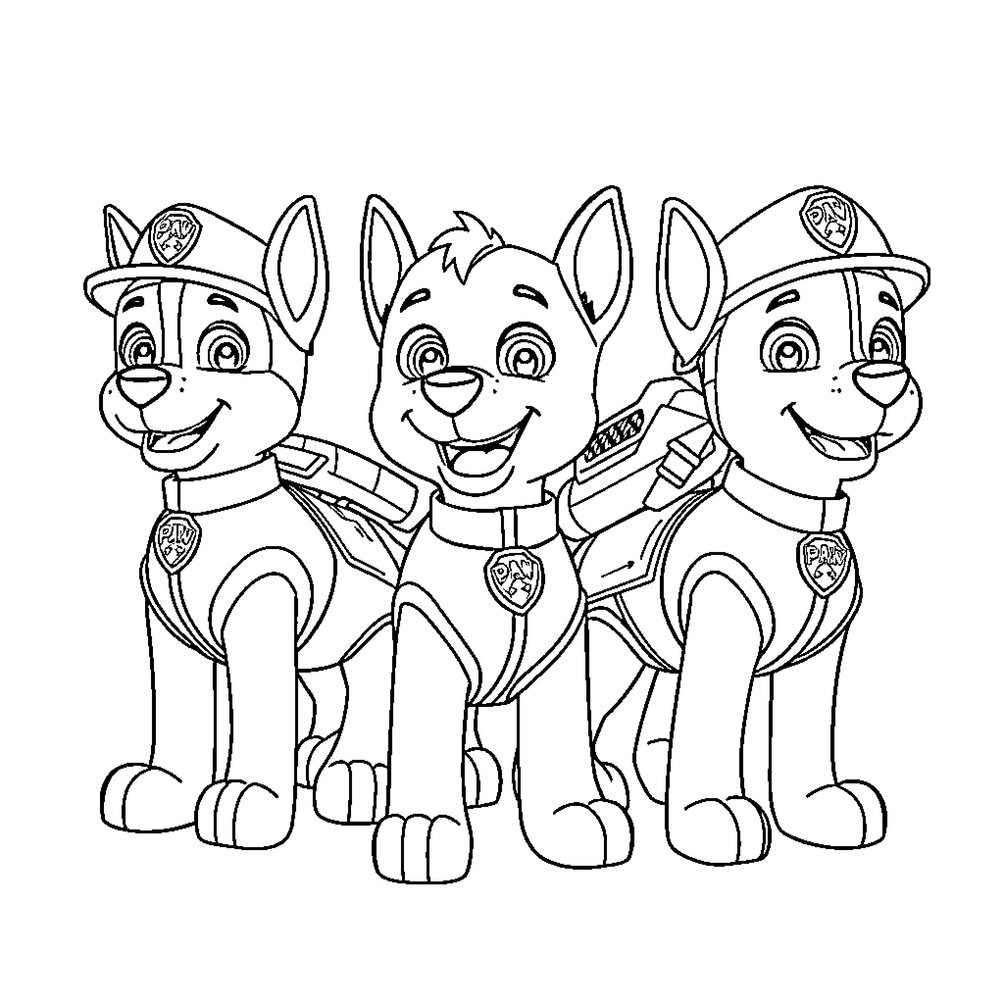 Paw Patrol Team Happily Together Coloring Page (free black-and-white line drawing printable PDF for all, from beginners to advanced learners, including children, teens, adults, and seniors)