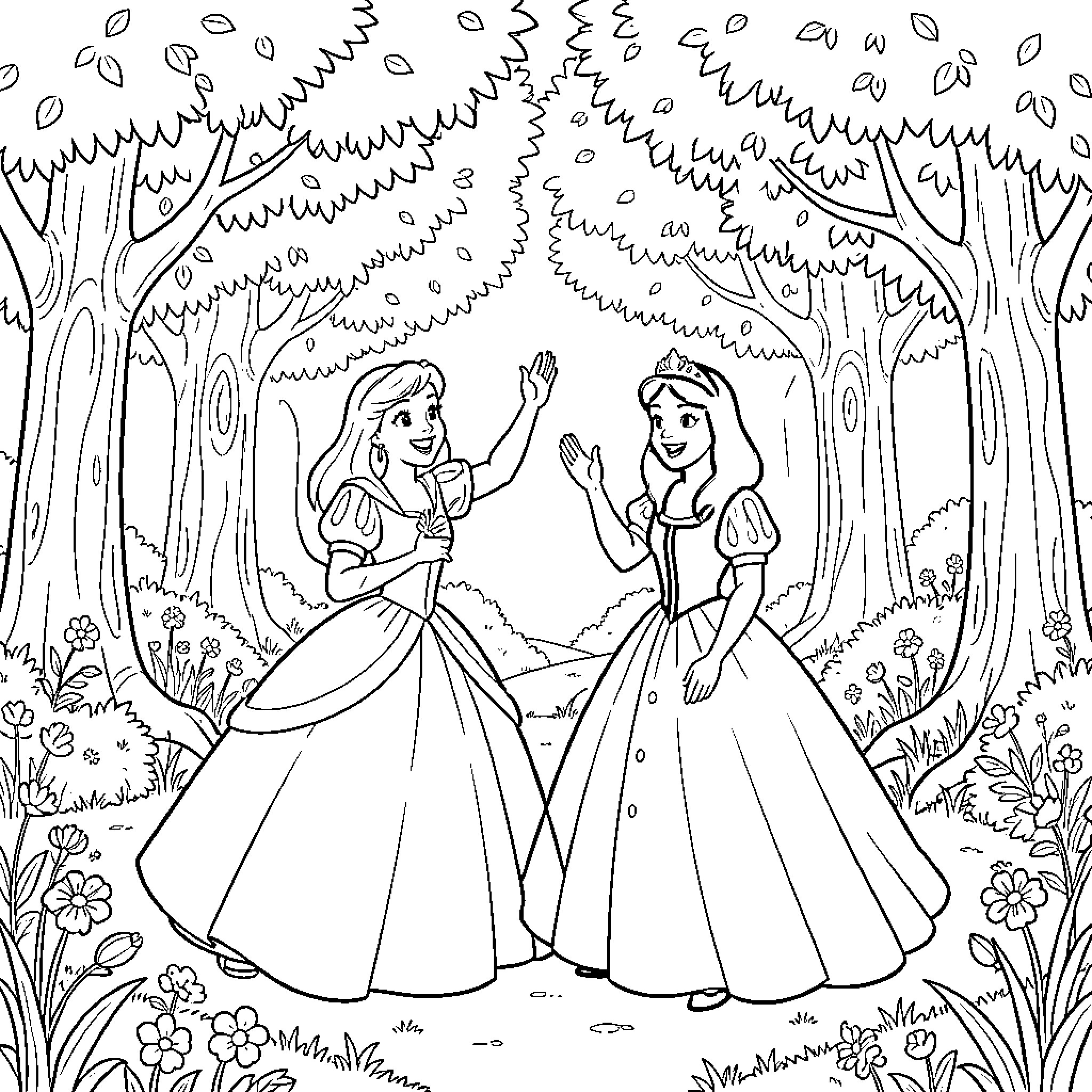 Aurore and a princess waving in the forest Coloring Page (free black-and-white line drawing printable PDF for all, from beginners to advanced learners, including children, teens, adults, and seniors)