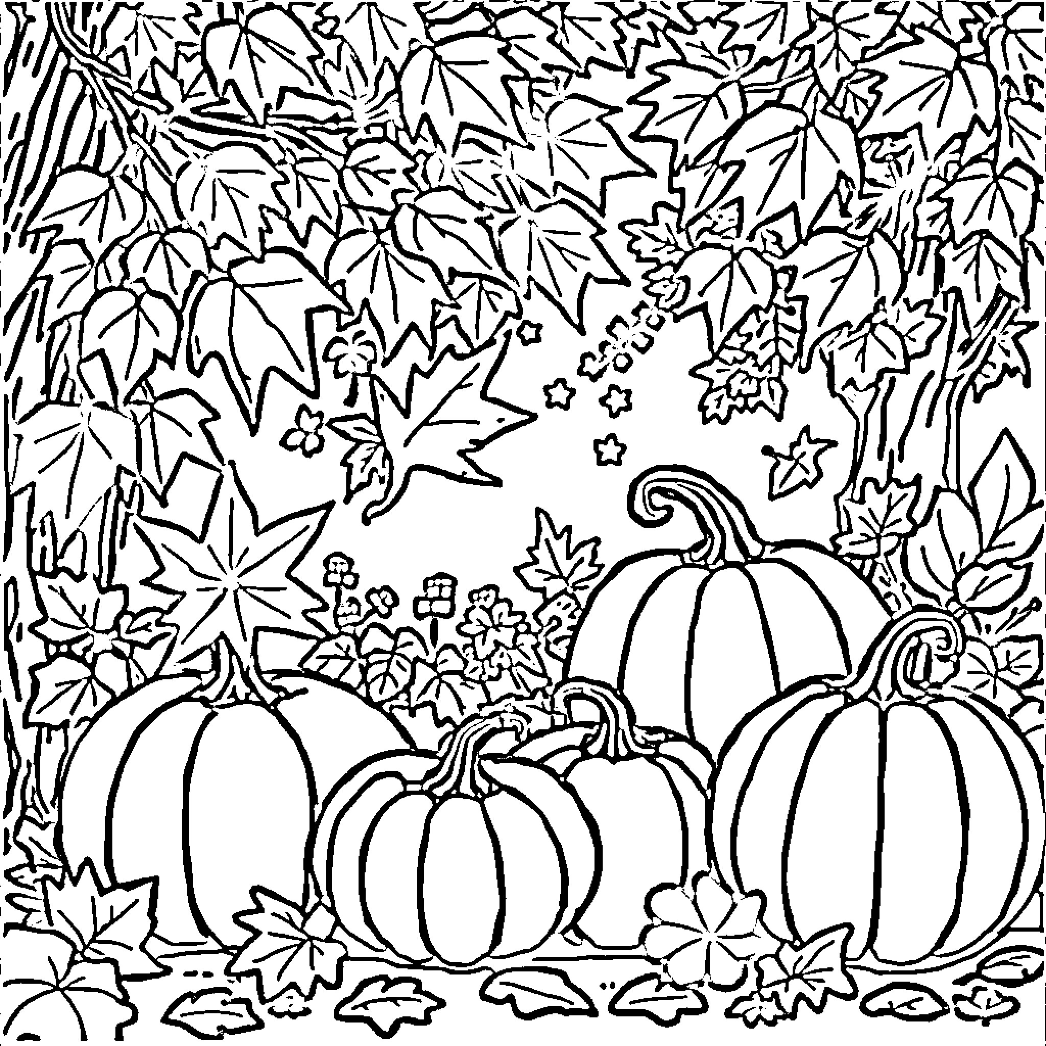 Fall Harvest: Pumpkins and Leaves Coloring Page (free black-and-white line drawing printable PDF for all, from beginners to advanced learners, including children, teens, adults, and seniors)