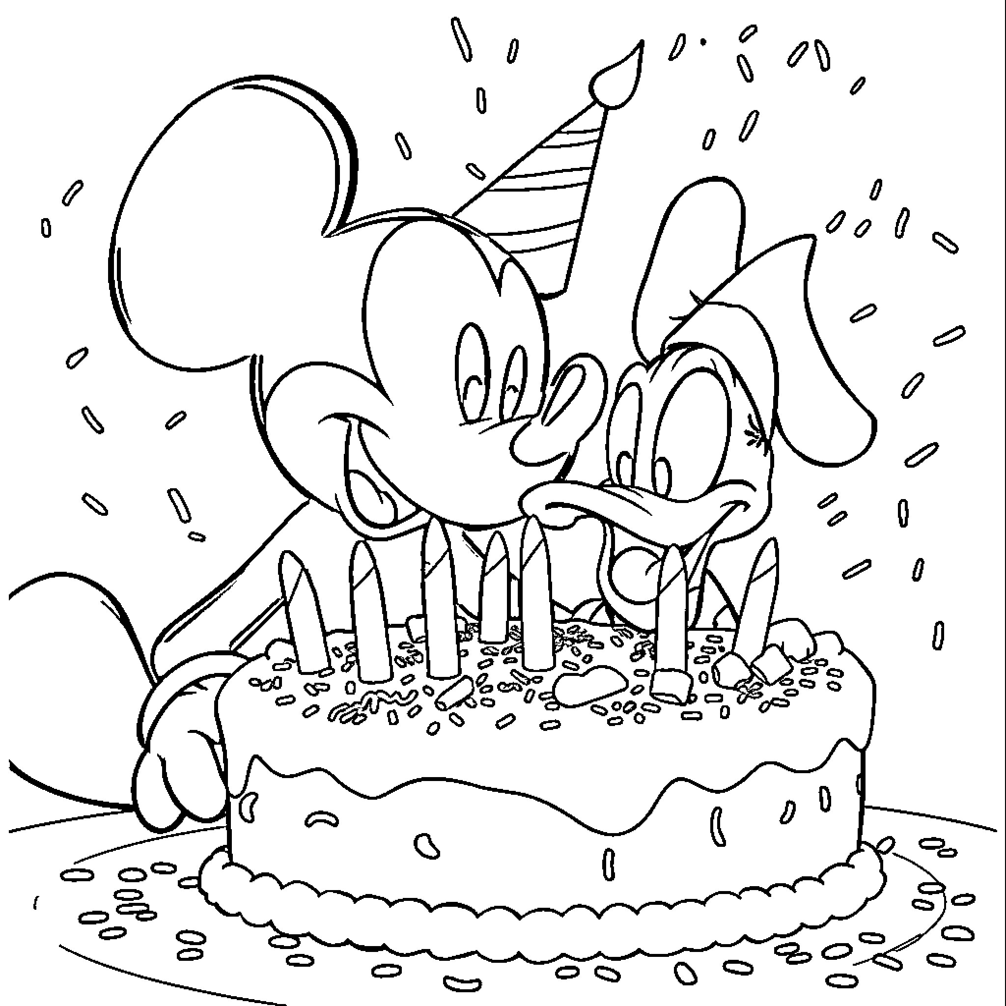 Mickey Mouse celebrates birthday with cake and party hat Coloring Page (free black-and-white line drawing printable PDF for all, from beginners to advanced learners, including children, teens, adults, and seniors)