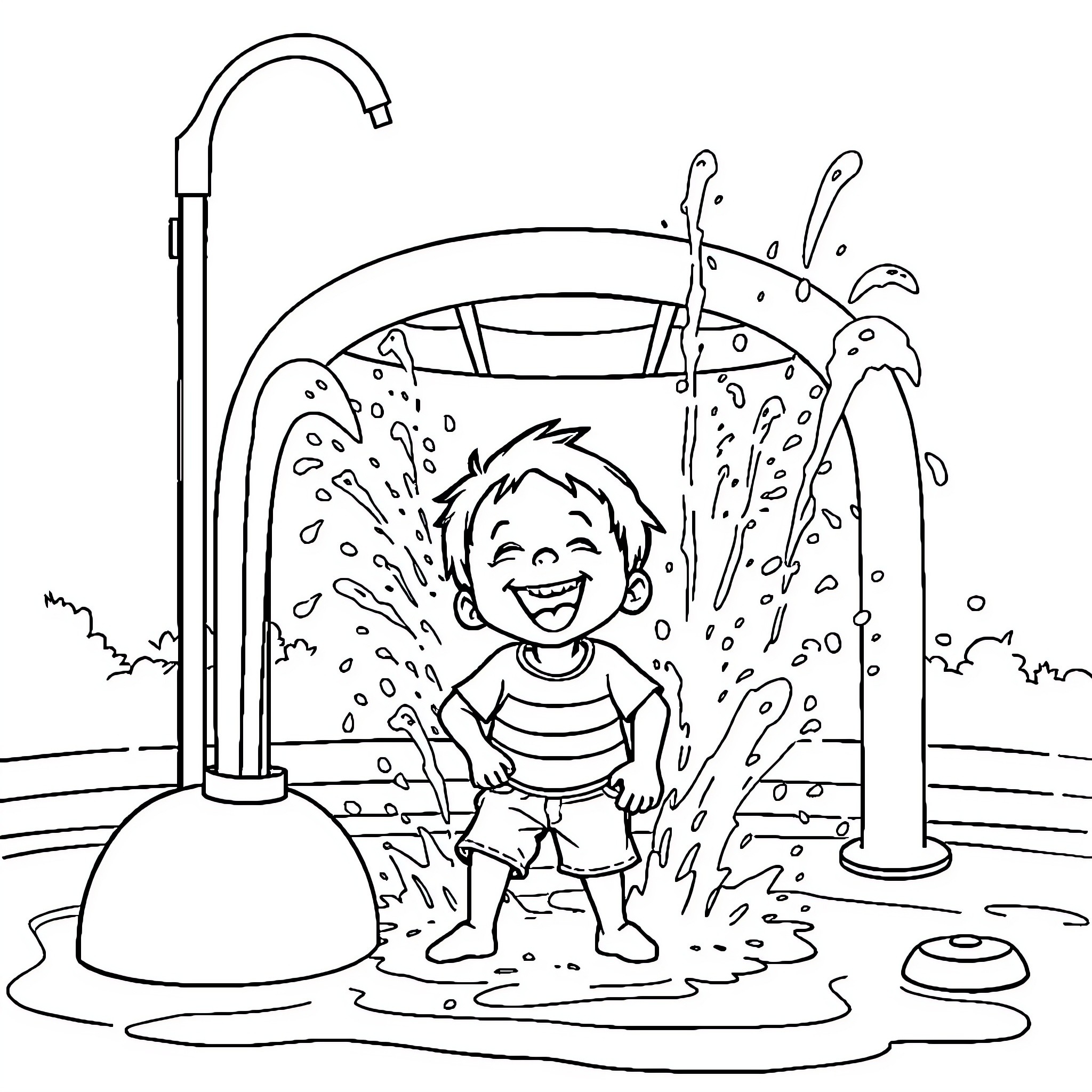 Boy playing joyfully in sprinkler on summer day Coloring Page (free black-and-white line drawing printable PDF for all, from beginners to advanced learners, including children, teens, adults, and seniors)