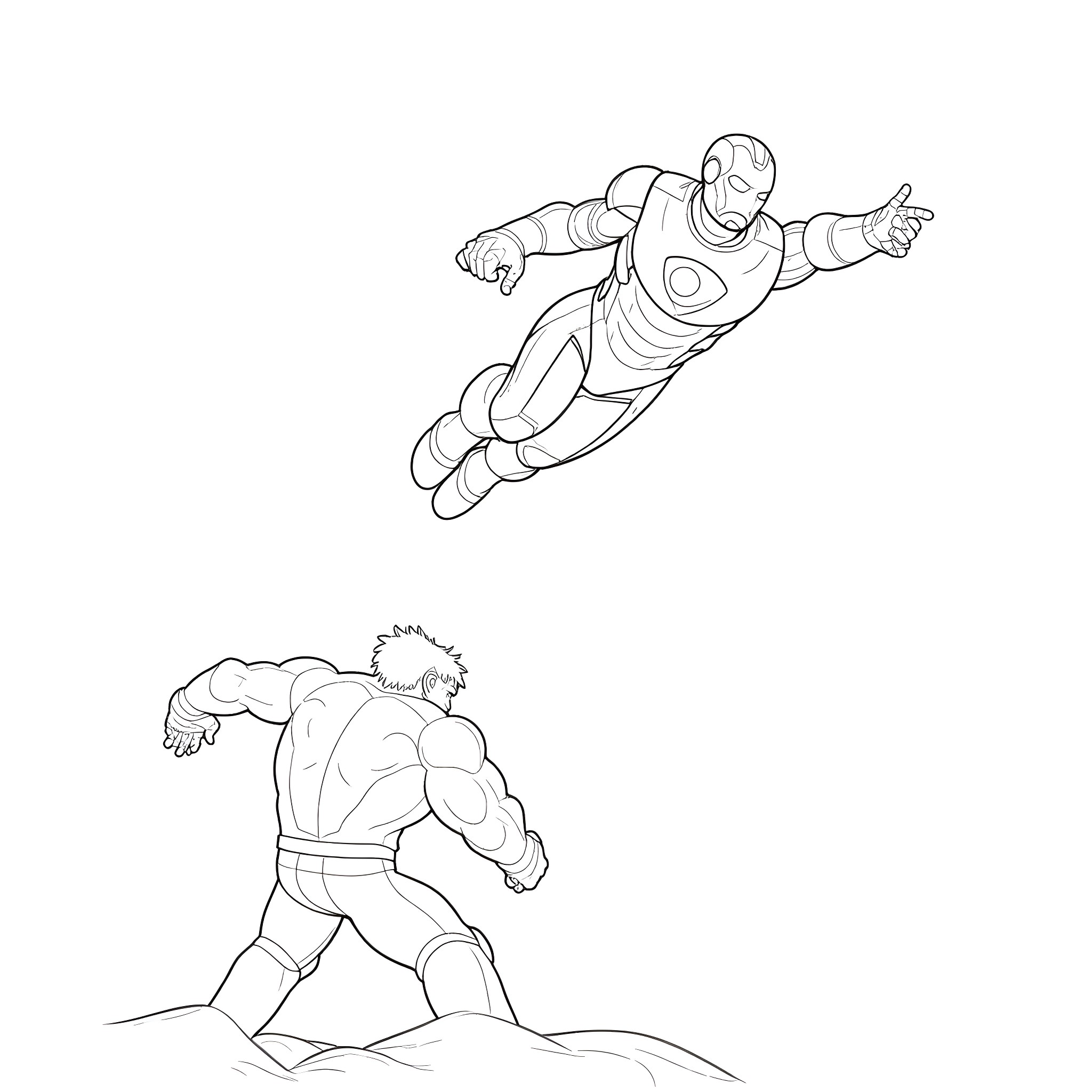 Ironman takes flight, Hulk stands ready Coloring Page (free black-and-white line drawing printable PDF for all, from beginners to advanced learners, including children, teens, adults, and seniors)