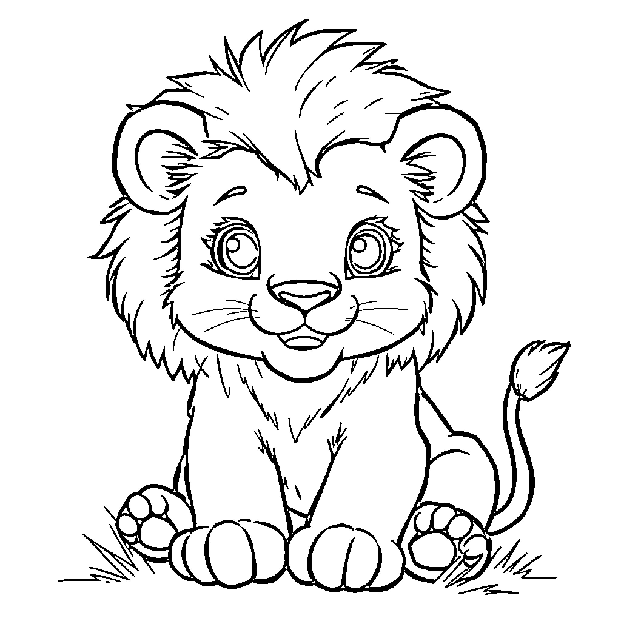 Lion cub sitting on the grass Coloring Page (free black-and-white line drawing printable PDF for all, from beginners to advanced learners, including children, teens, adults, and seniors)