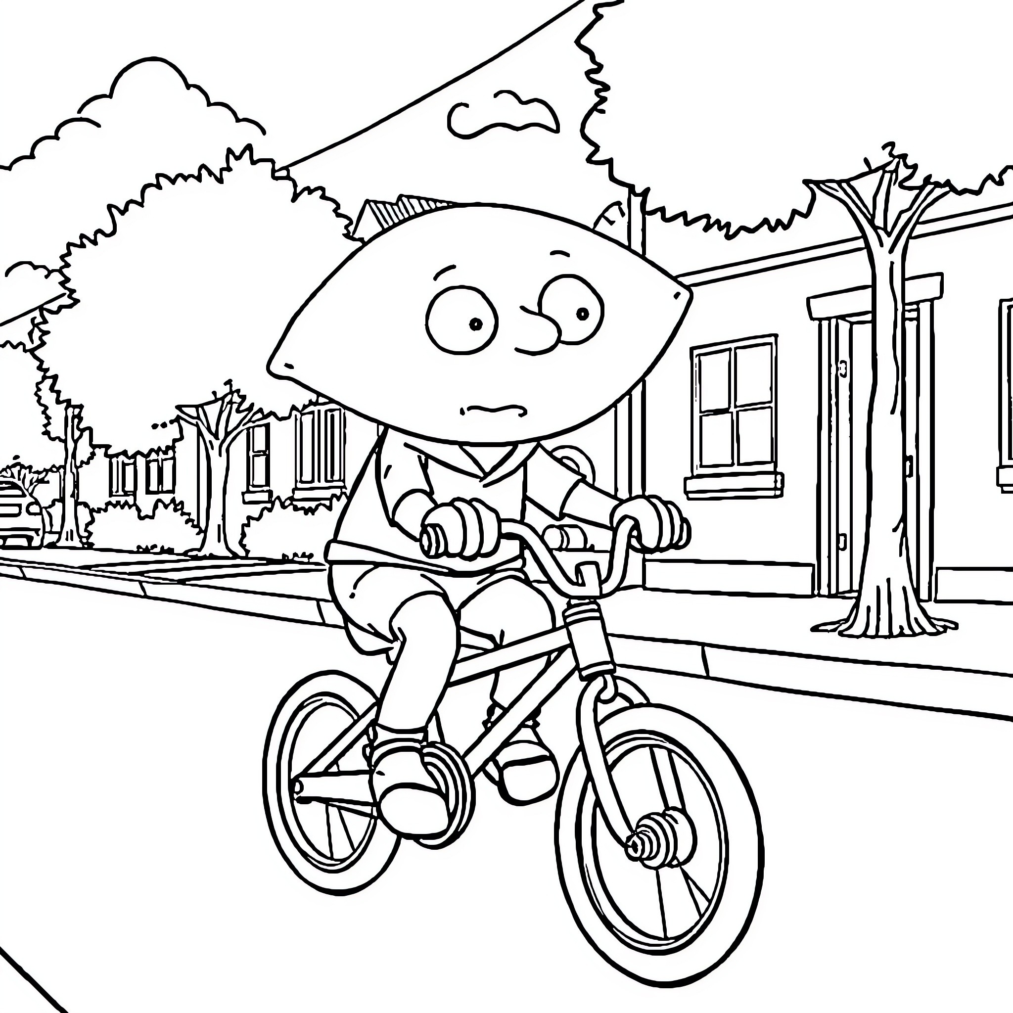 Stewie riding a bicycle on a neighborhood street Coloring Page (free black-and-white line drawing printable PDF for all, from beginners to advanced learners, including children, teens, adults, and seniors)