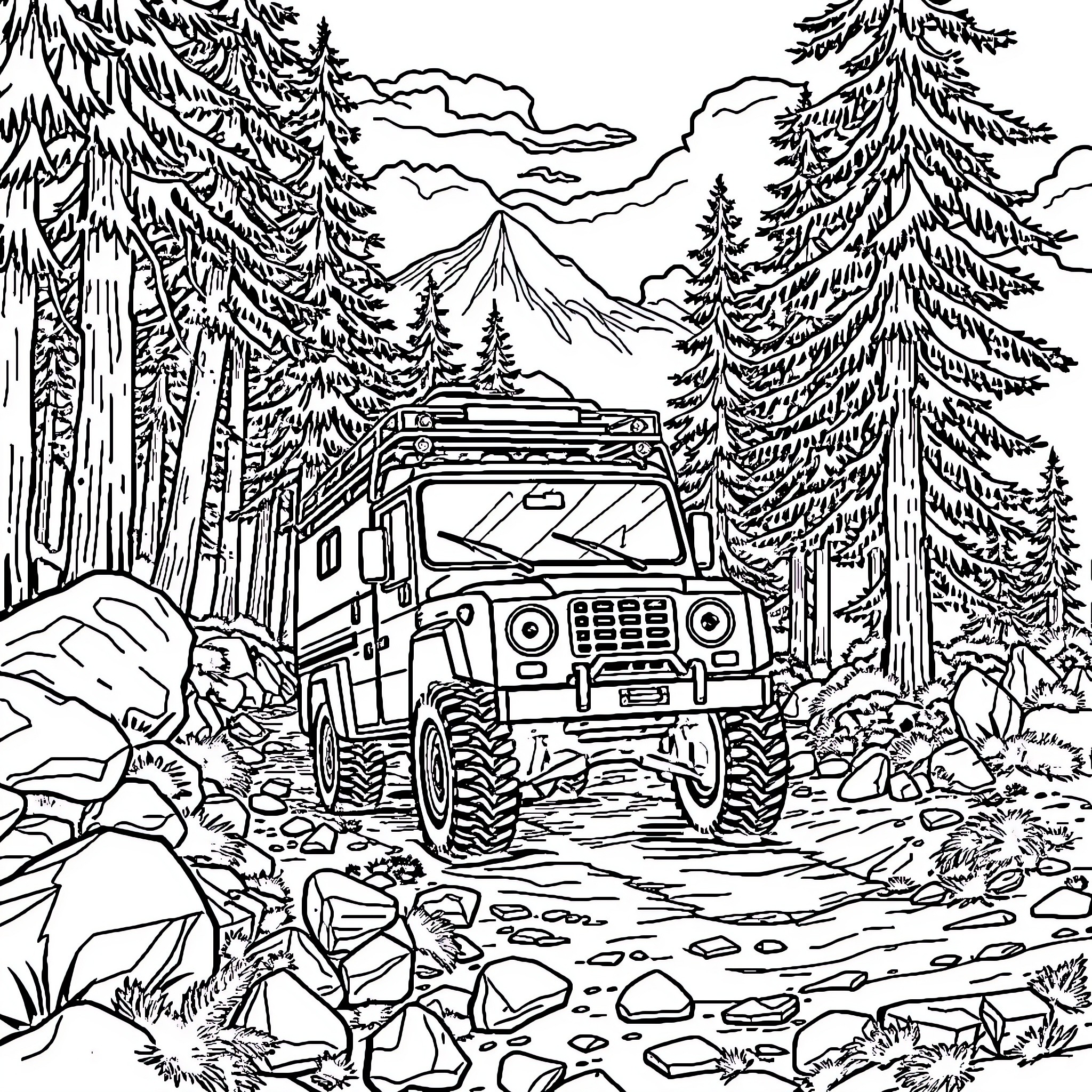 Camper off-road adventure in the wilderness Coloring Page (free black-and-white line drawing printable PDF for all, from beginners to advanced learners, including children, teens, adults, and seniors)