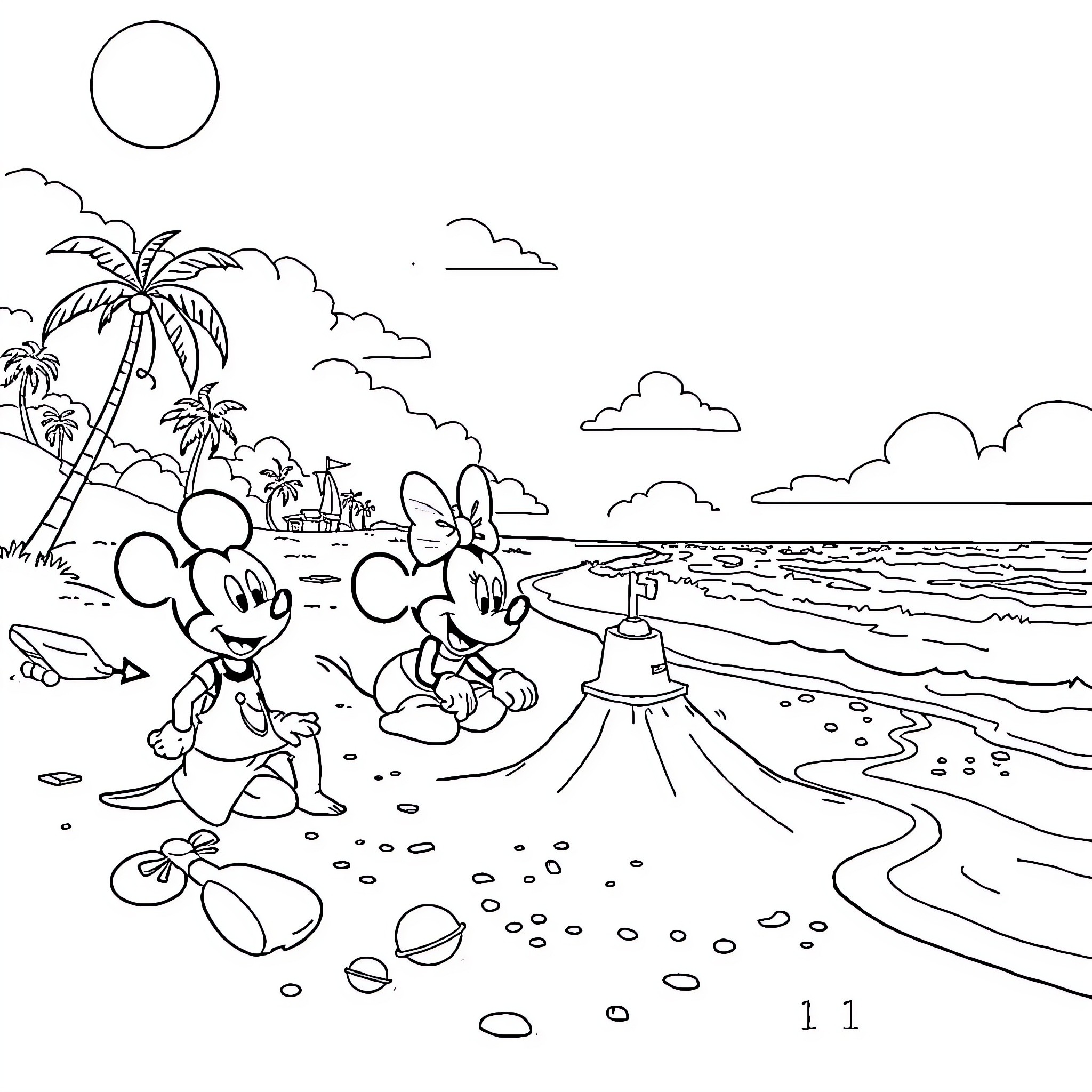 Disney Characters Enjoying a Beach Day Coloring Page (free black-and-white line drawing printable PDF for all, from beginners to advanced learners, including children, teens, adults, and seniors)