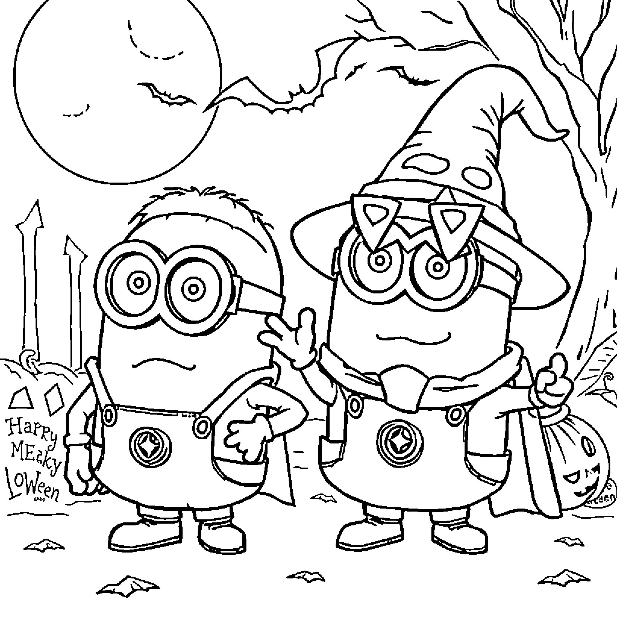 Minions celebrating Halloween in spooky scene Coloring Page (free black-and-white line drawing printable PDF for all, from beginners to advanced learners, including children, teens, adults, and seniors)