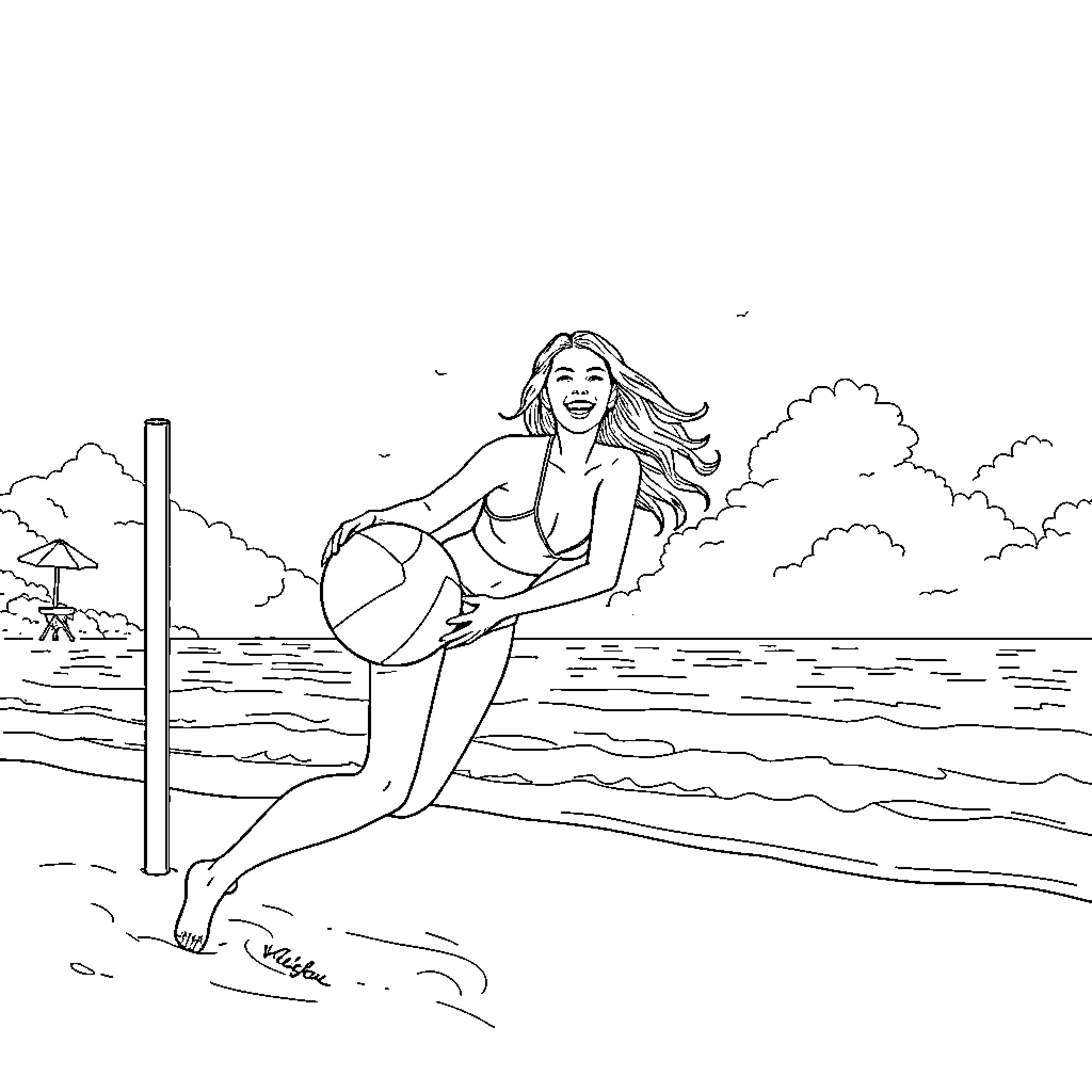 Woman enjoying the beach and playing with a beach ball Coloring Page (free black-and-white line drawing printable PDF for all, from beginners to advanced learners, including children, teens, adults, and seniors)