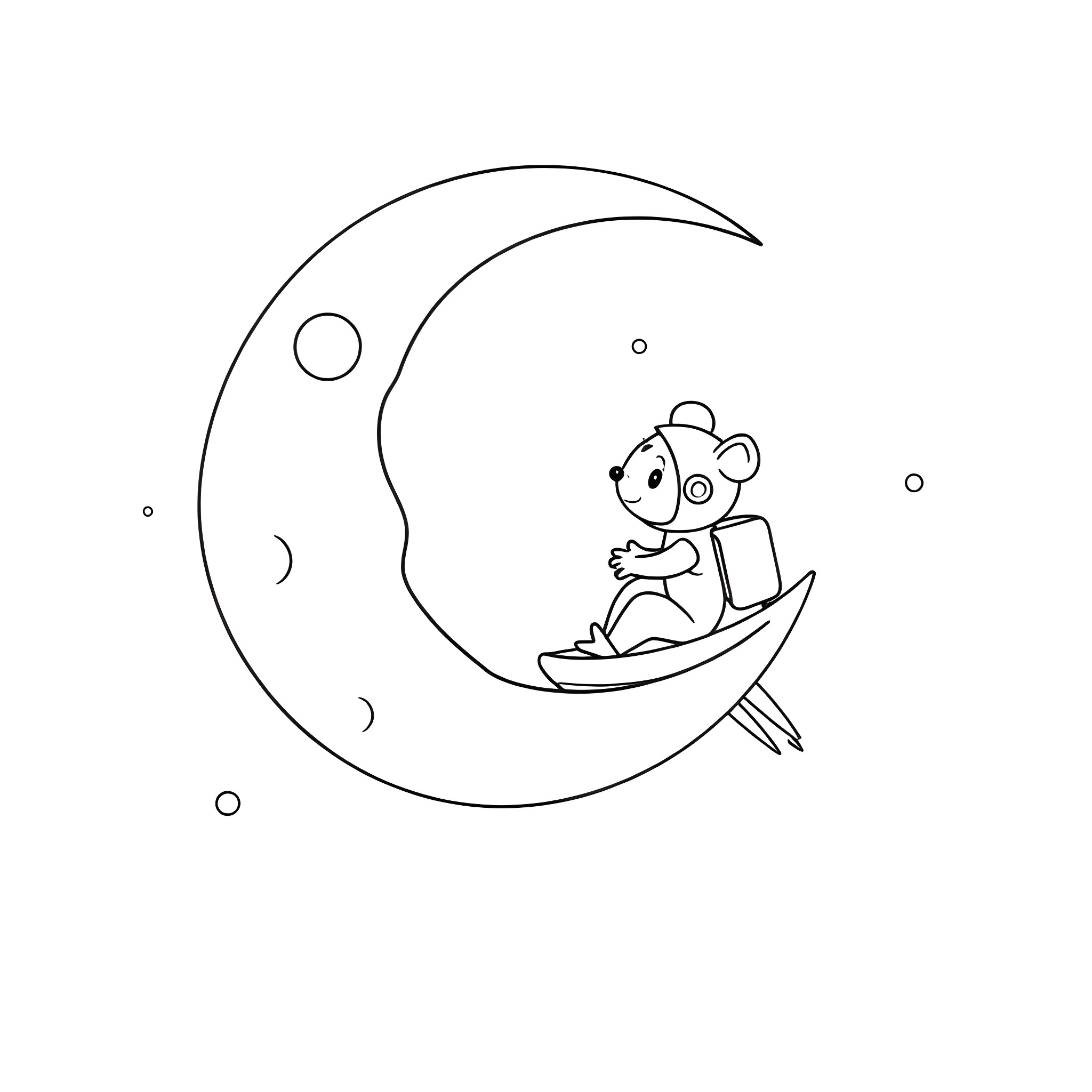 Moon Mouse relaxing on a crescent moon Coloring Page (free black-and-white line drawing printable PDF for all, from beginners to advanced learners, including children, teens, adults, and seniors)