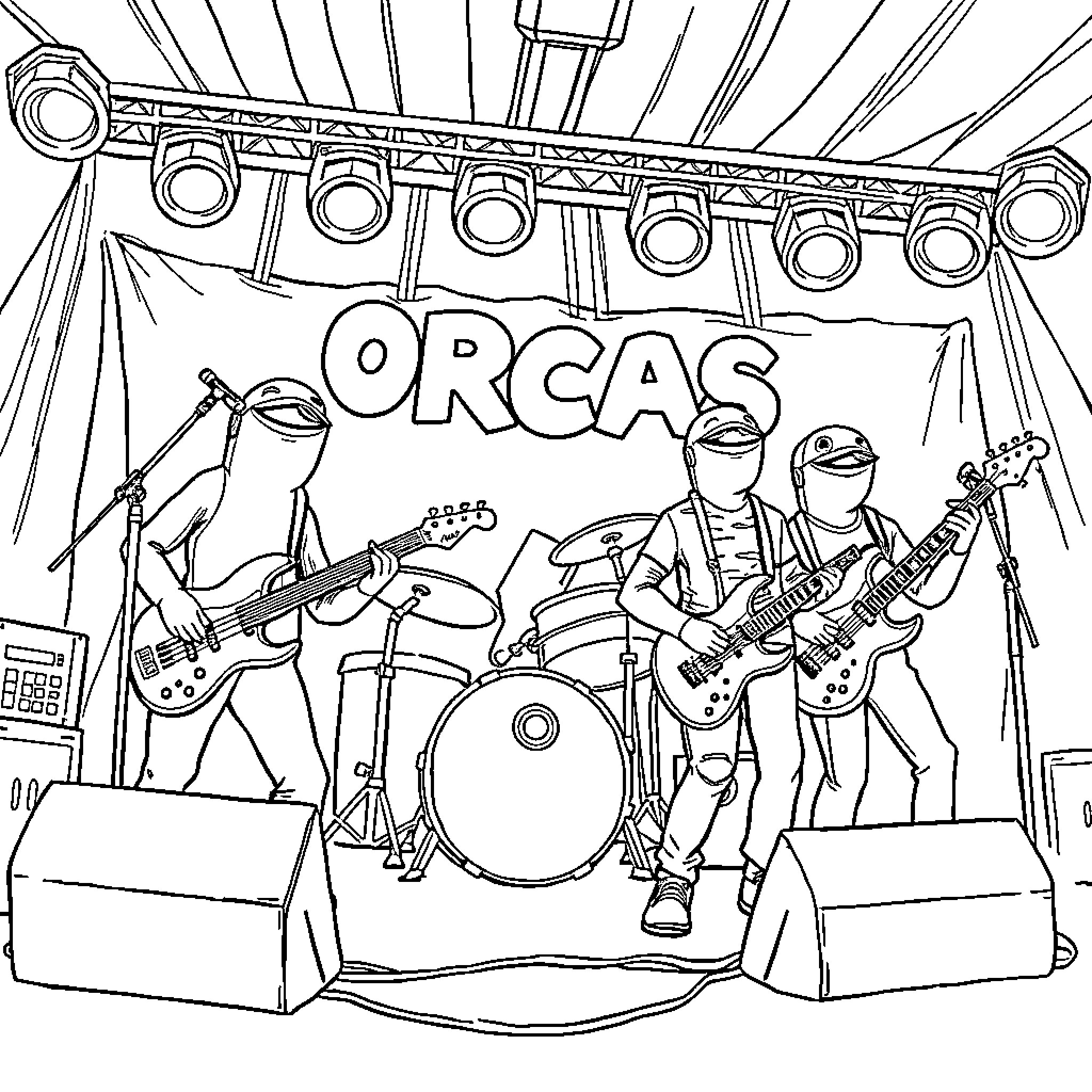 Orcas performing on stage with musical instruments Coloring Page (free black-and-white line drawing printable PDF for all, from beginners to advanced learners, including children, teens, adults, and seniors)