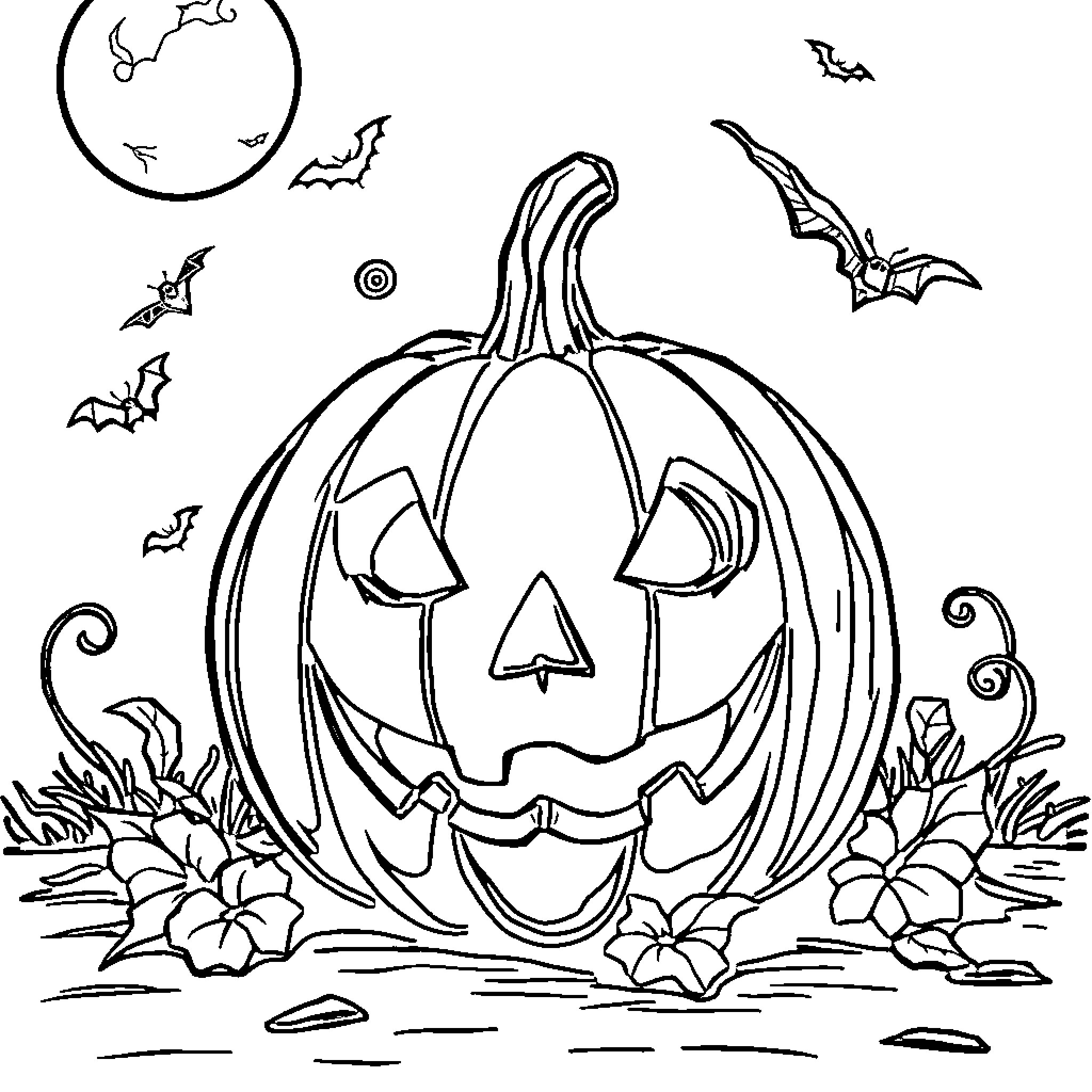 Pumpkin with carved face surrounded by bats and autumn foliage Coloring Page (free black-and-white line drawing printable PDF for all, from beginners to advanced learners, including children, teens, adults, and seniors)