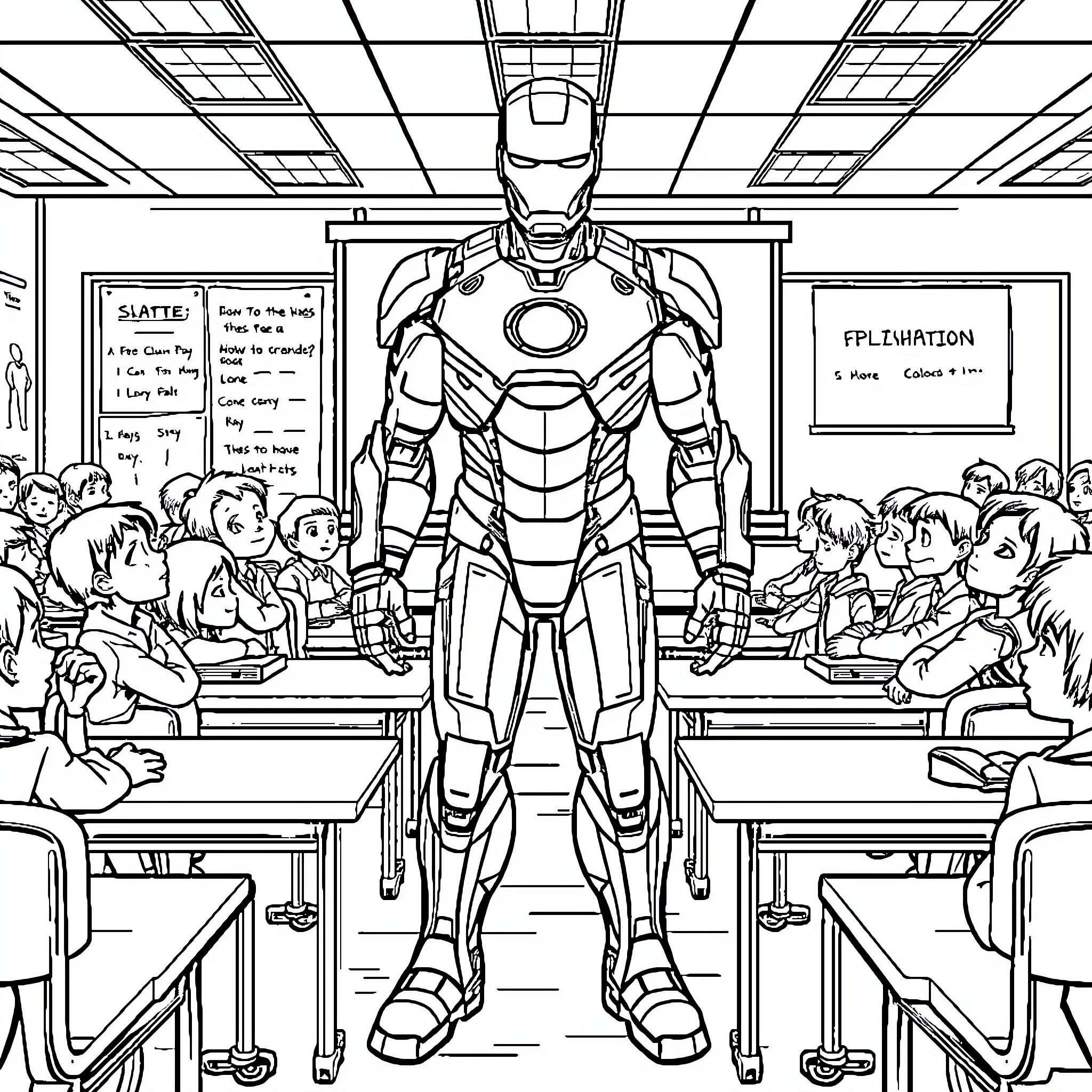 Ironman Addressing Students in Classroom Coloring Page (free black-and-white line drawing printable PDF for all, from beginners to advanced learners, including children, teens, adults, and seniors)