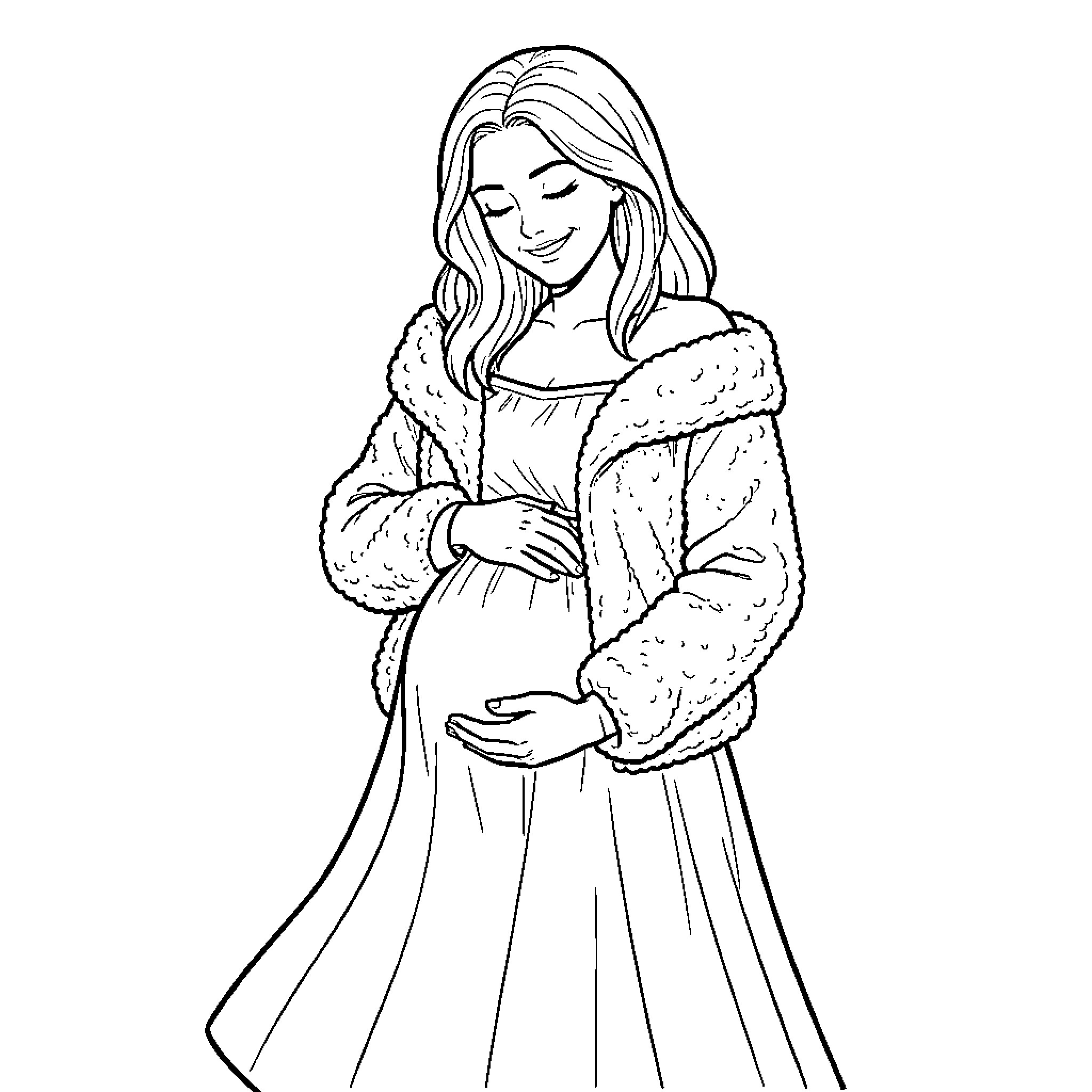 Pregnant Woman in Cozy Winter Outfit Coloring Page (free black-and-white line drawing printable PDF for all, from beginners to advanced learners, including children, teens, adults, and seniors)