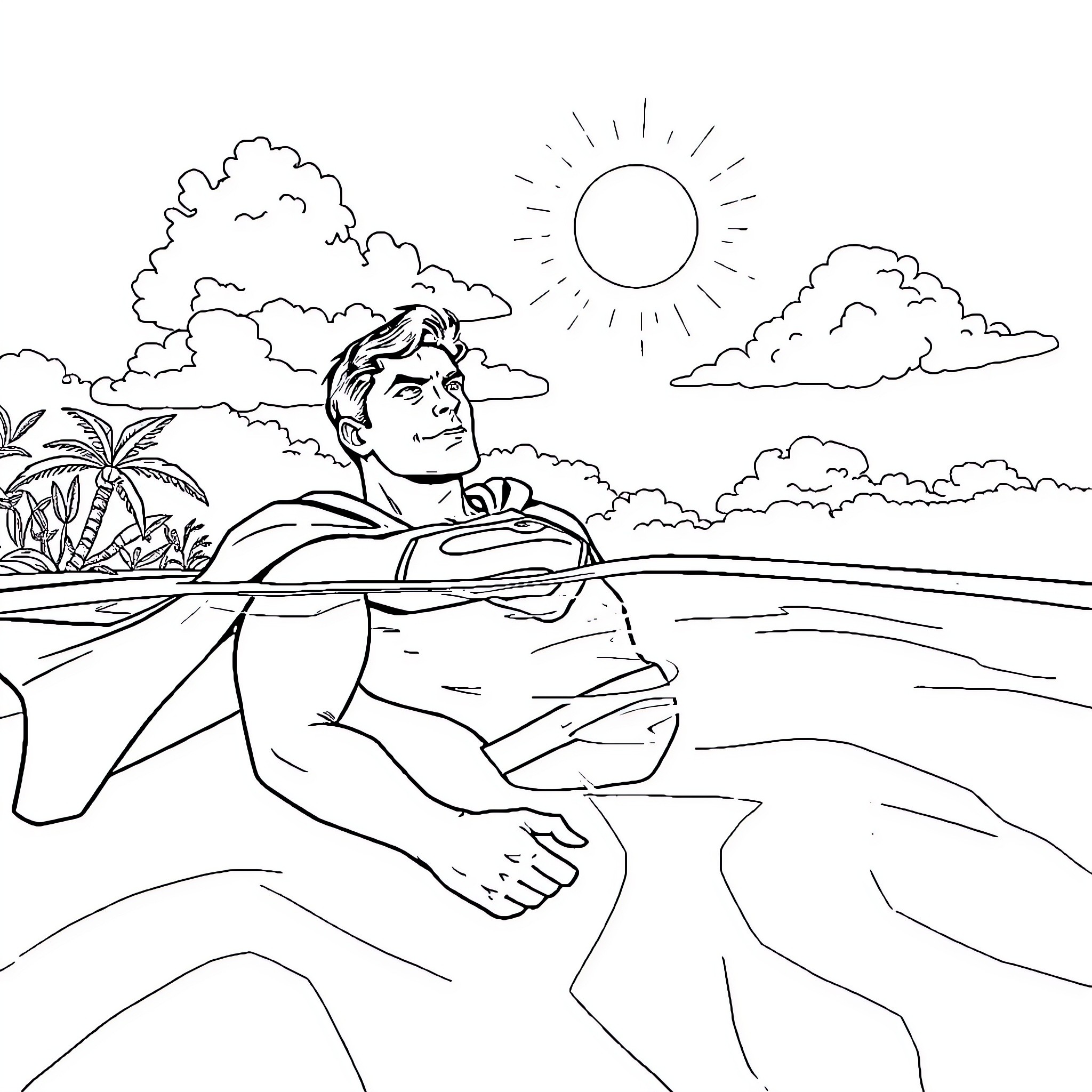 Superman relaxing on the beach with palm trees Coloring Page (free black-and-white line drawing printable PDF for all, from beginners to advanced learners, including children, teens, adults, and seniors)