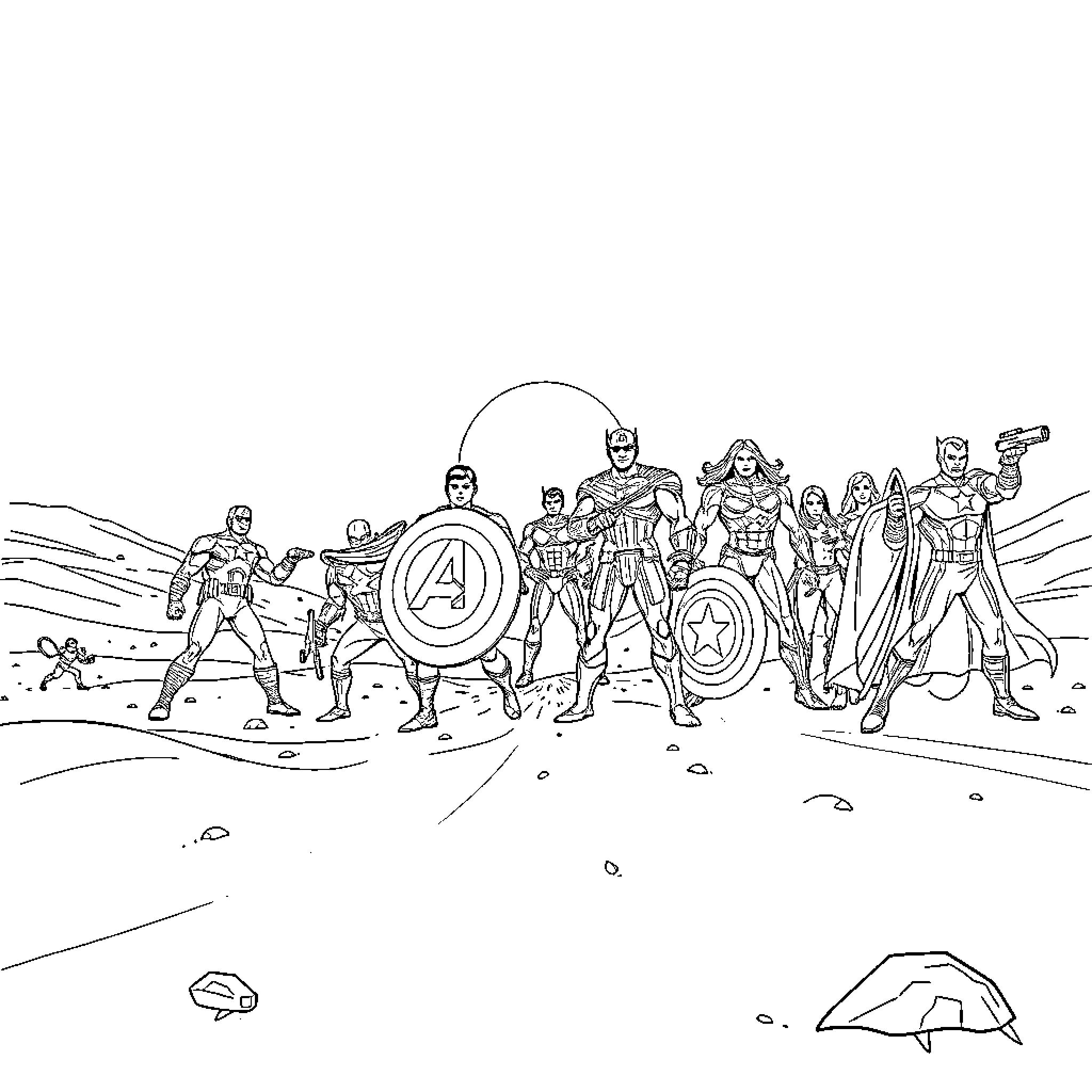 Avenger heroes assembling for an epic battle Coloring Page (free black-and-white line drawing printable PDF for all, from beginners to advanced learners, including children, teens, adults, and seniors)