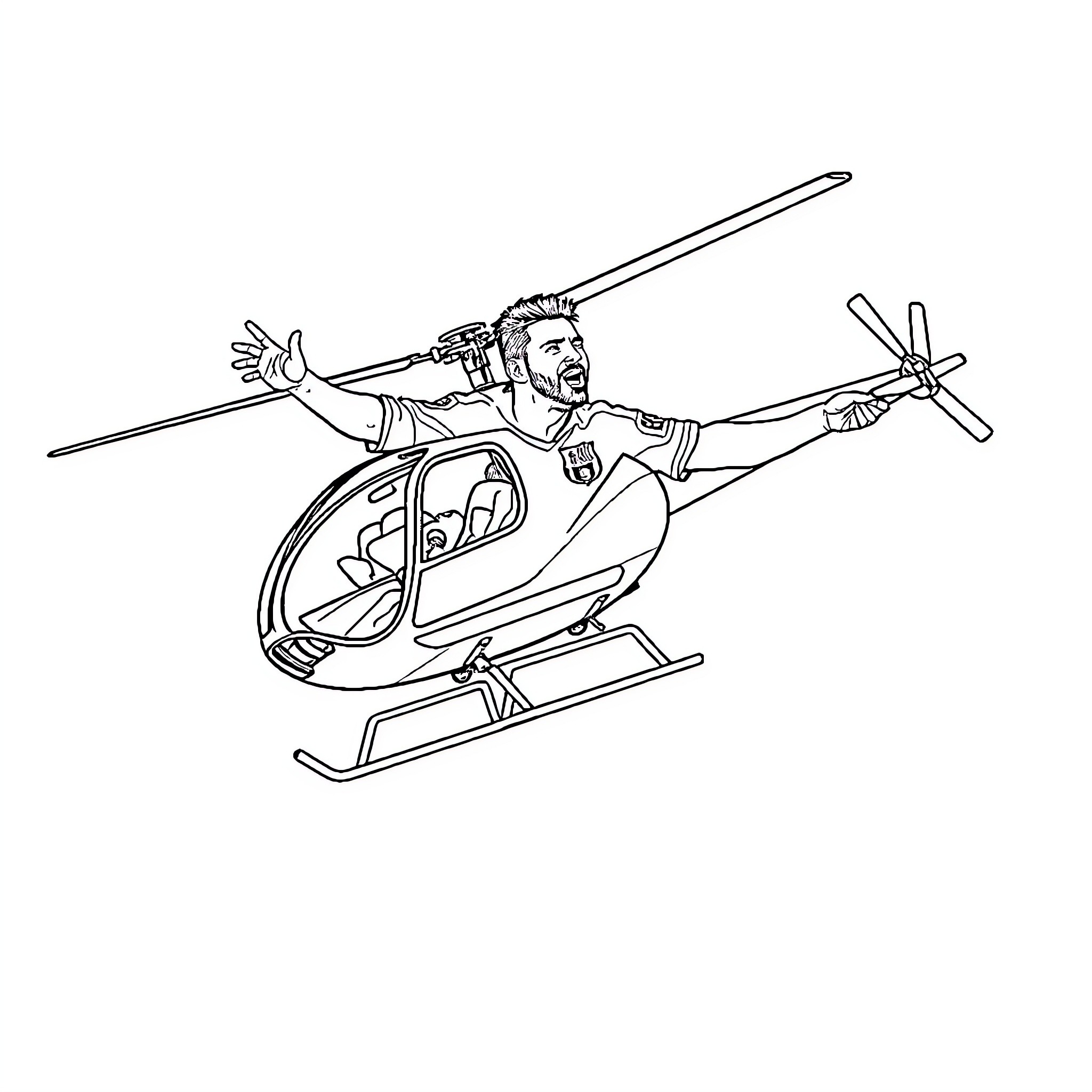 Messi flies high in a helicopter Coloring Page (free black-and-white line drawing printable PDF for all, from beginners to advanced learners, including children, teens, adults, and seniors)