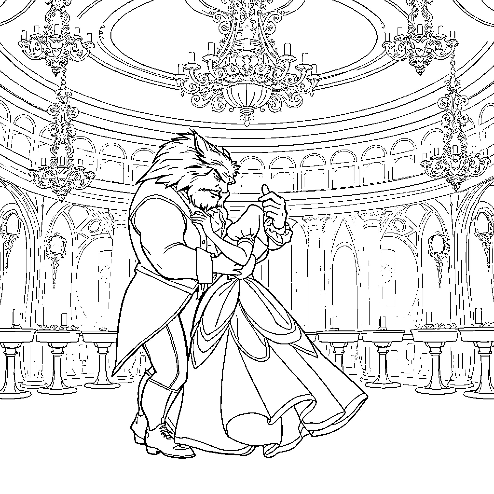 Beauty and Beast dancing in a grand ballroom Coloring Page (free black-and-white line drawing printable PDF for all, from beginners to advanced learners, including children, teens, adults, and seniors)