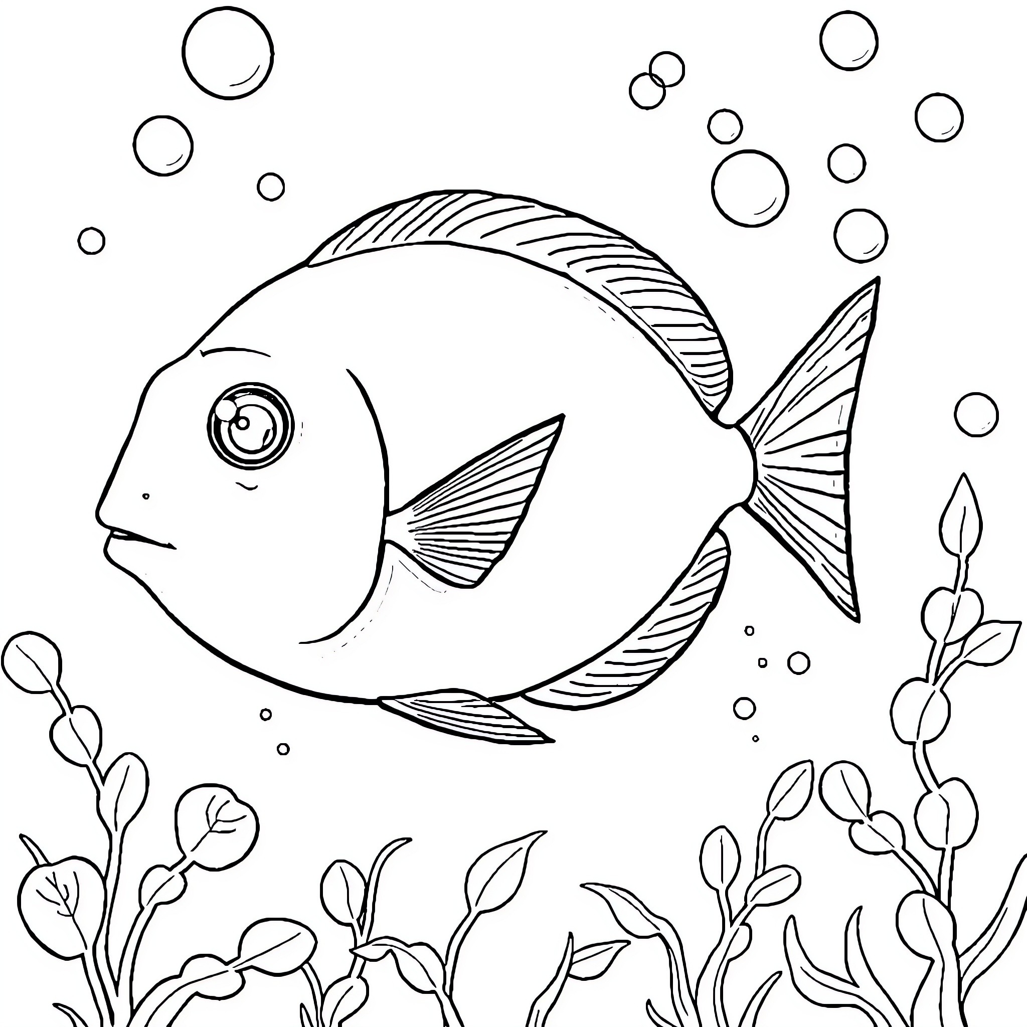 Tang Fish swimming among bubbles and plants Coloring Page (free black-and-white line drawing printable PDF for all, from beginners to advanced learners, including children, teens, adults, and seniors)