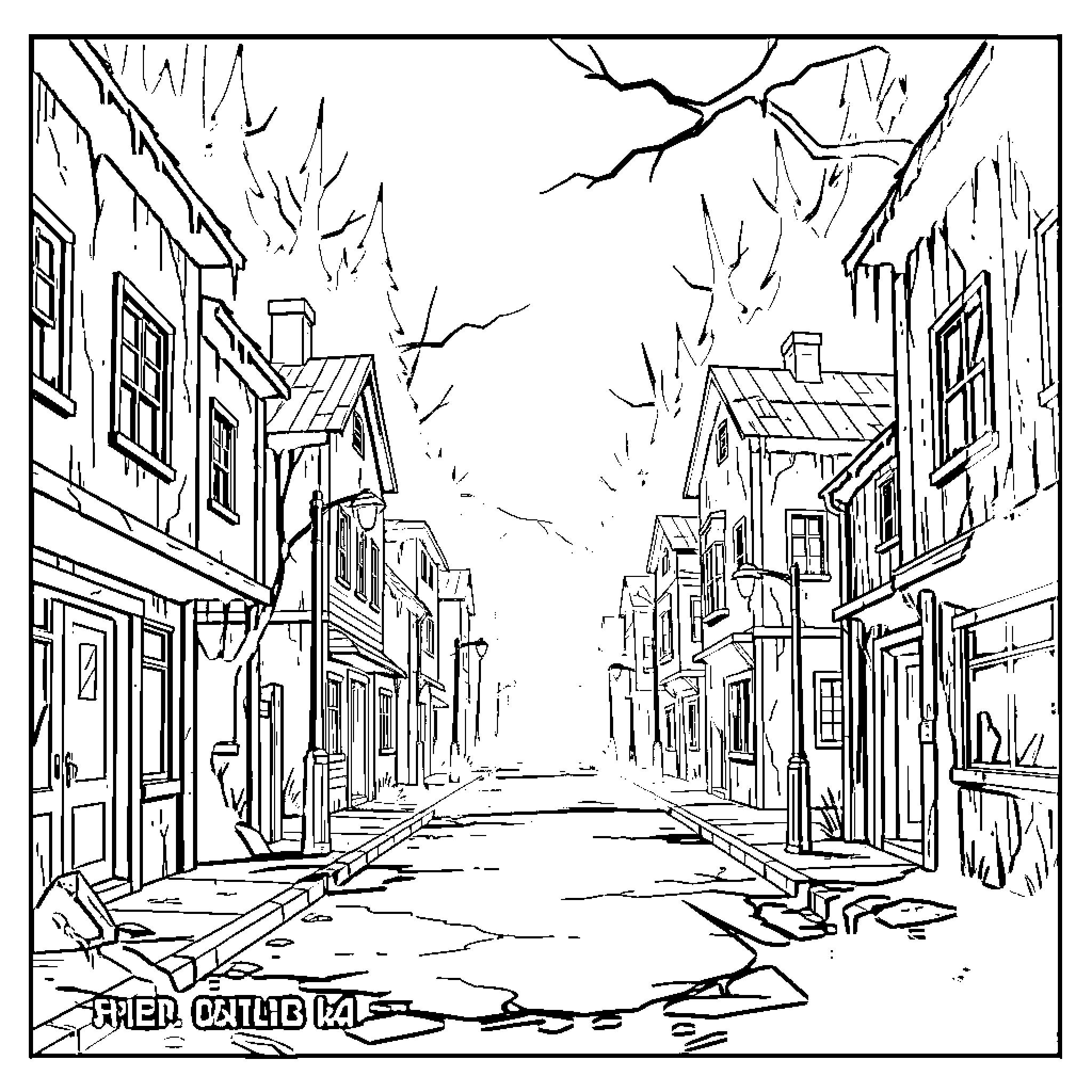 Silent Hill empty street with dilapidated buildings Coloring Page (free black-and-white line drawing printable PDF for all, from beginners to advanced learners, including children, teens, adults, and seniors)