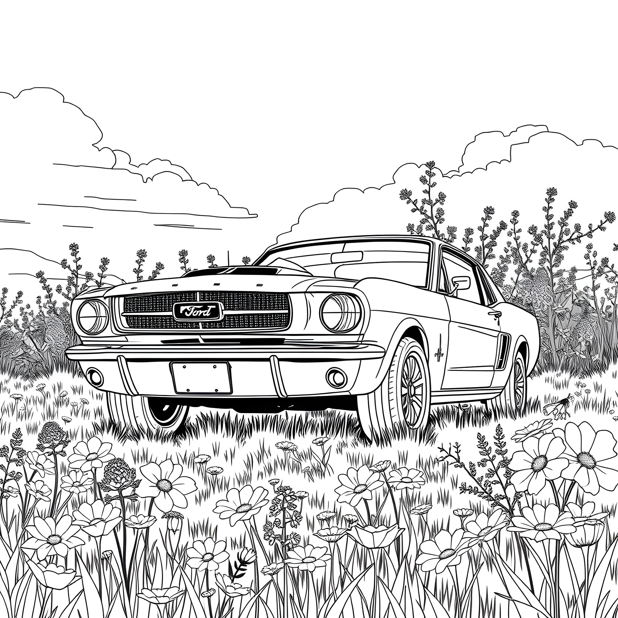Ford Mustang in a flower-filled meadow Coloring Page (free black-and-white line drawing printable PDF for all, from beginners to advanced learners, including children, teens, adults, and seniors)