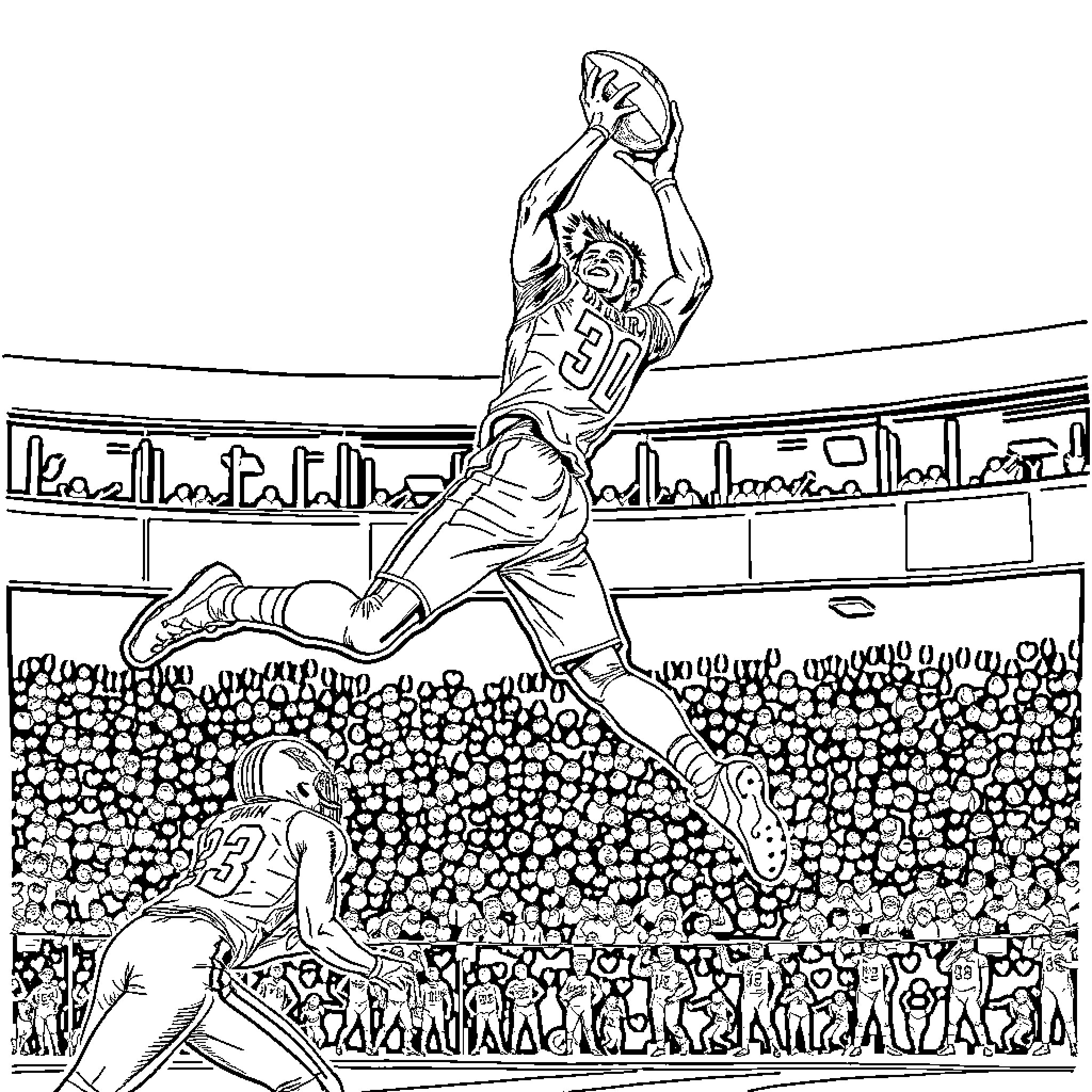 Courtland Sutton dunking in a basketball game Coloring Page (free black-and-white line drawing printable PDF for all, from beginners to advanced learners, including children, teens, adults, and seniors)