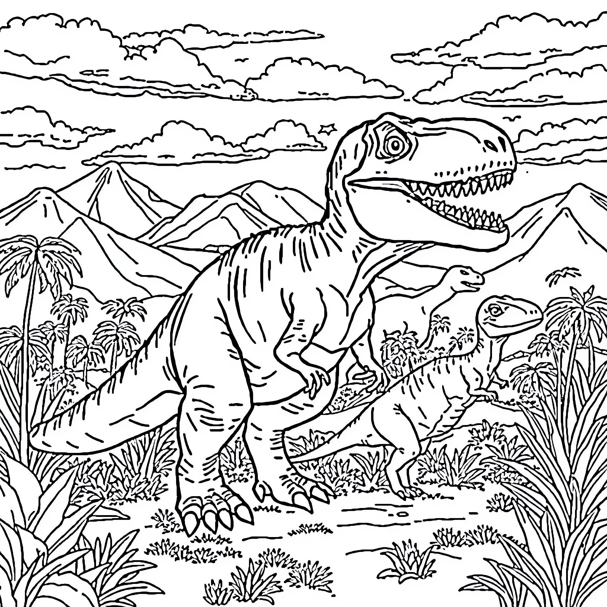 Dinosaur roaming through prehistoric landscape Coloring Page (free black-and-white line drawing printable PDF for all, from beginners to advanced learners, including children, teens, adults, and seniors)