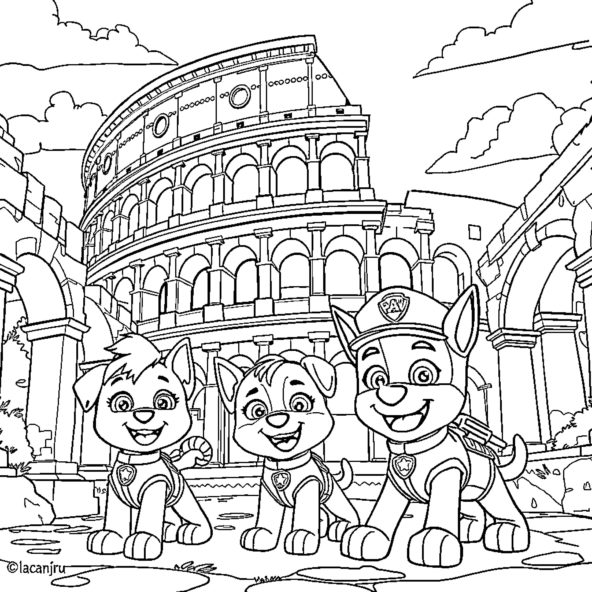 Paw Patrol Puppies Explore Ancient Roman Colosseum Coloring Page (free black-and-white line drawing printable PDF for all, from beginners to advanced learners, including children, teens, adults, and seniors)