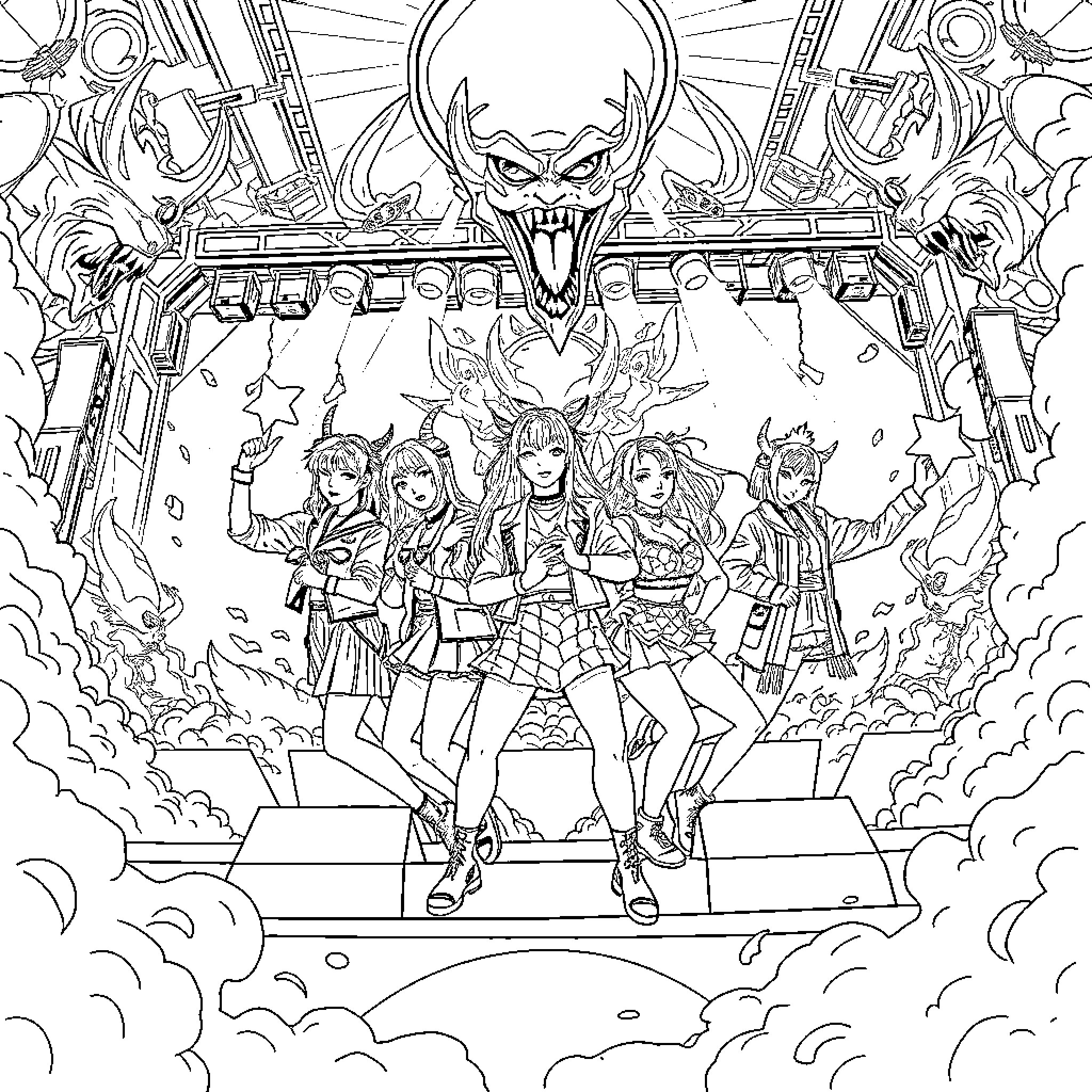 Demon Maidens Facing the Apocalypse Coloring Page (free black-and-white line drawing printable PDF for all, from beginners to advanced learners, including children, teens, adults, and seniors)