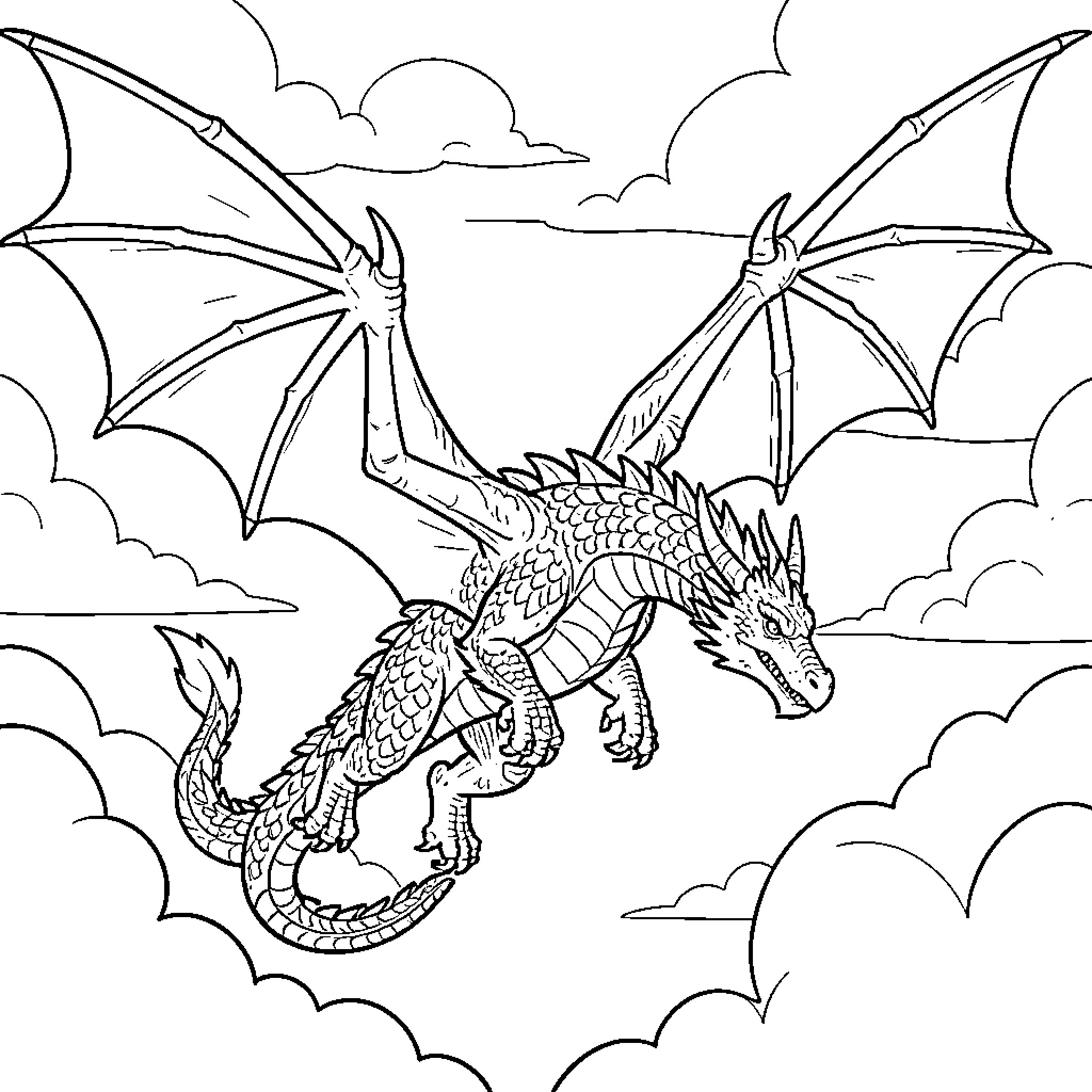 Dragon soaring among the clouds with majestic wings Coloring Page (free black-and-white line drawing printable PDF for all, from beginners to advanced learners, including children, teens, adults, and seniors)