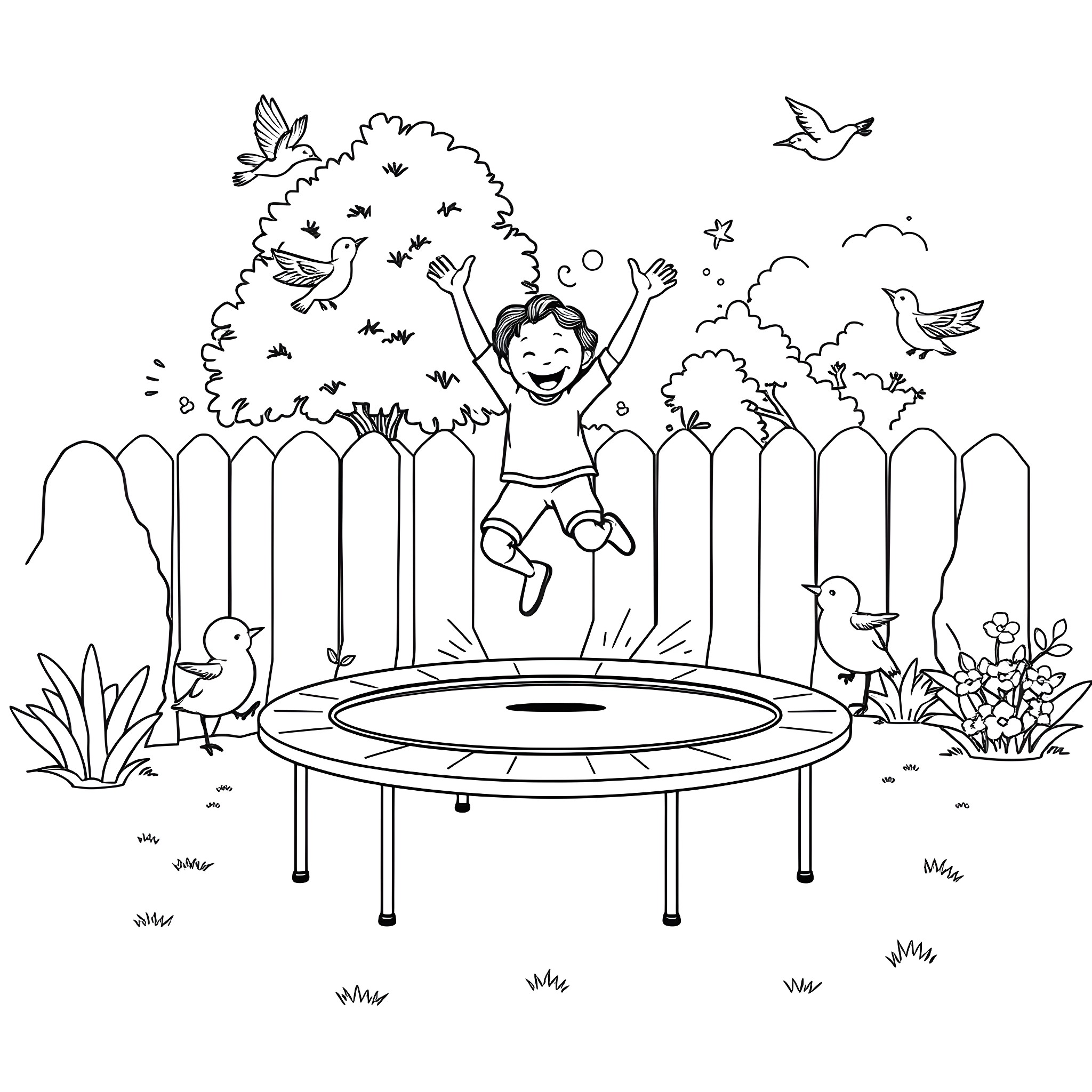 Trampoline fun with birds and flowers Coloring Page (free black-and-white line drawing printable PDF for all, from beginners to advanced learners, including children, teens, adults, and seniors)