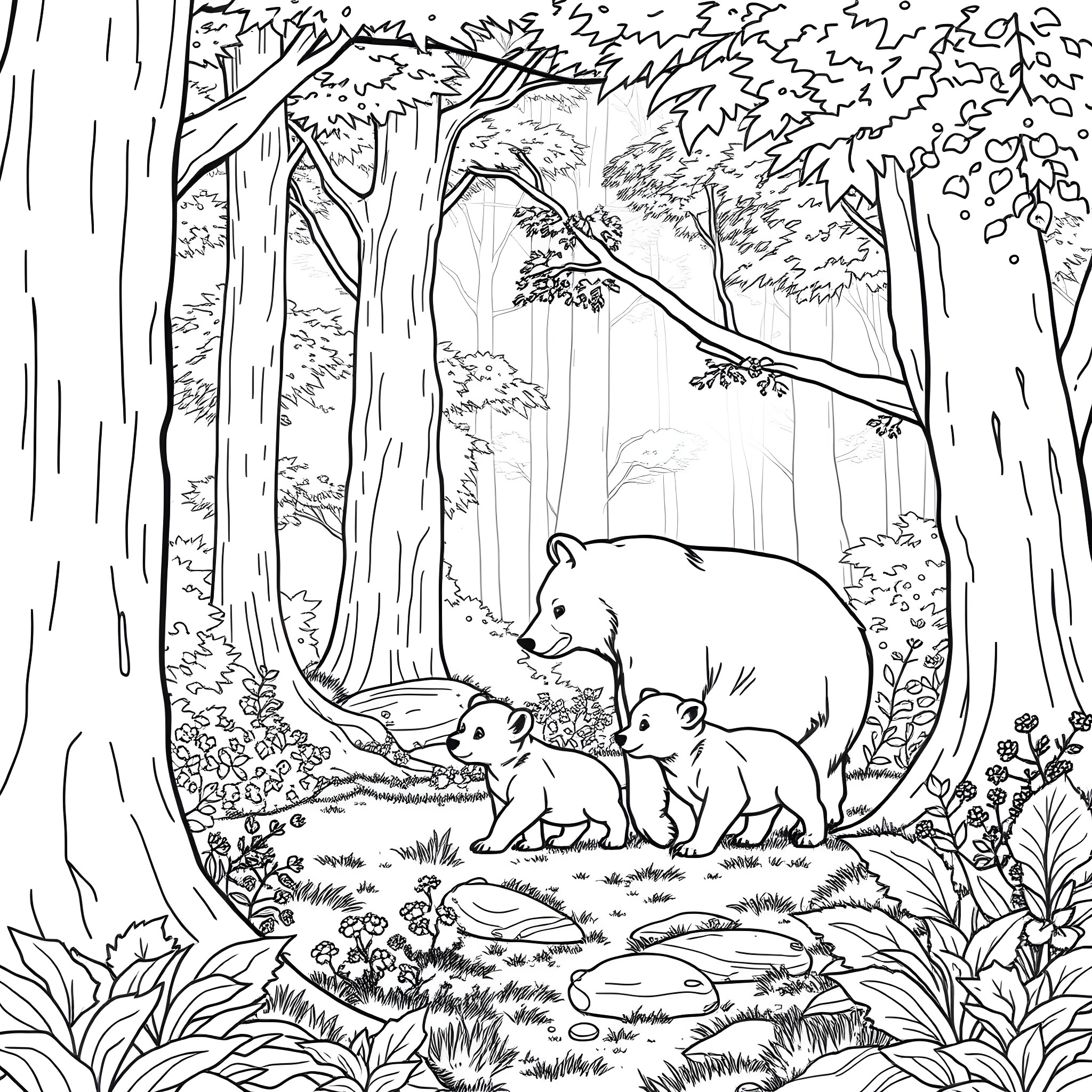 Bear and her cubs in the forest Coloring Page (free black-and-white line drawing printable PDF for all, from beginners to advanced learners, including children, teens, adults, and seniors)
