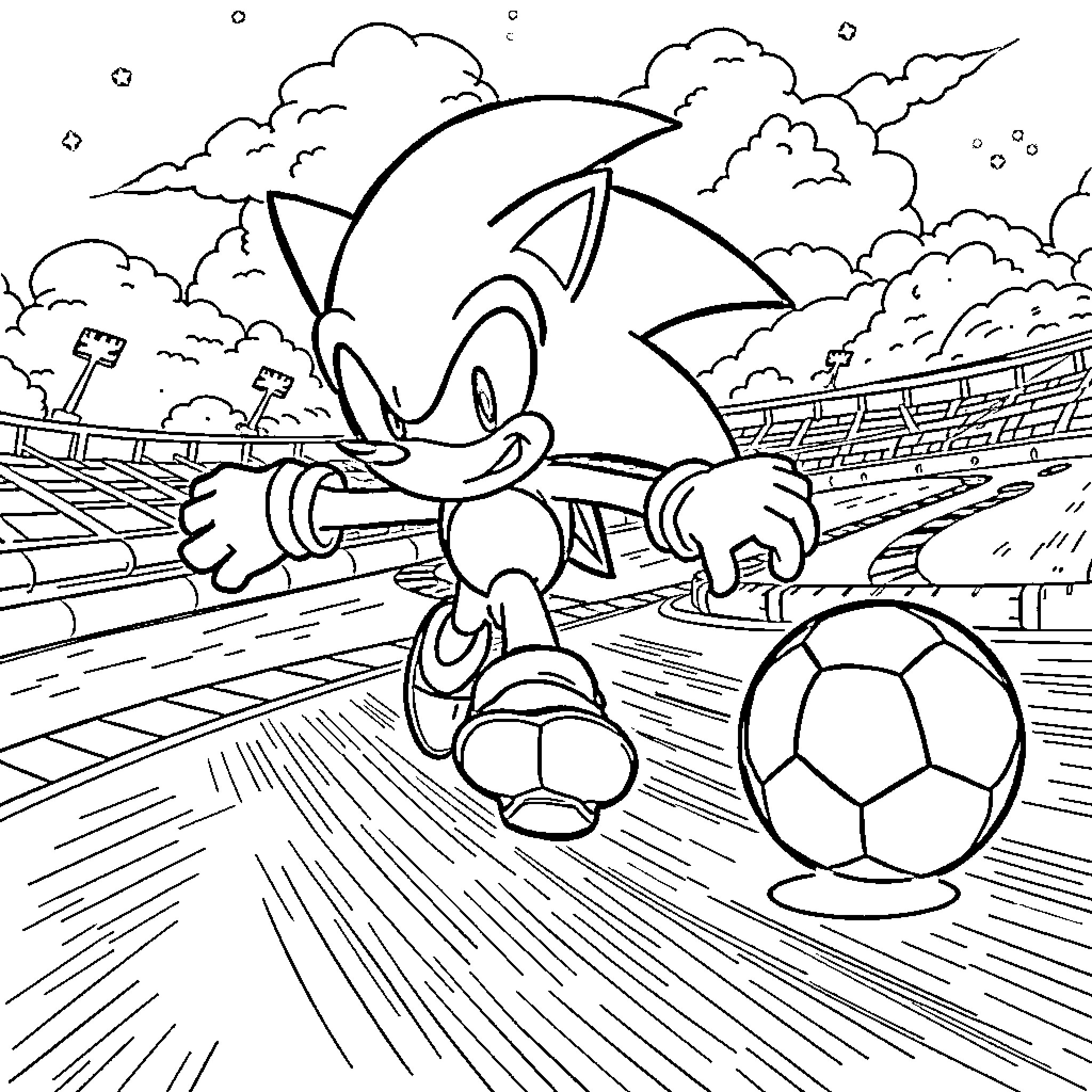 Sonic playing soccer on the field Coloring Page (free black-and-white line drawing printable PDF for all, from beginners to advanced learners, including children, teens, adults, and seniors)