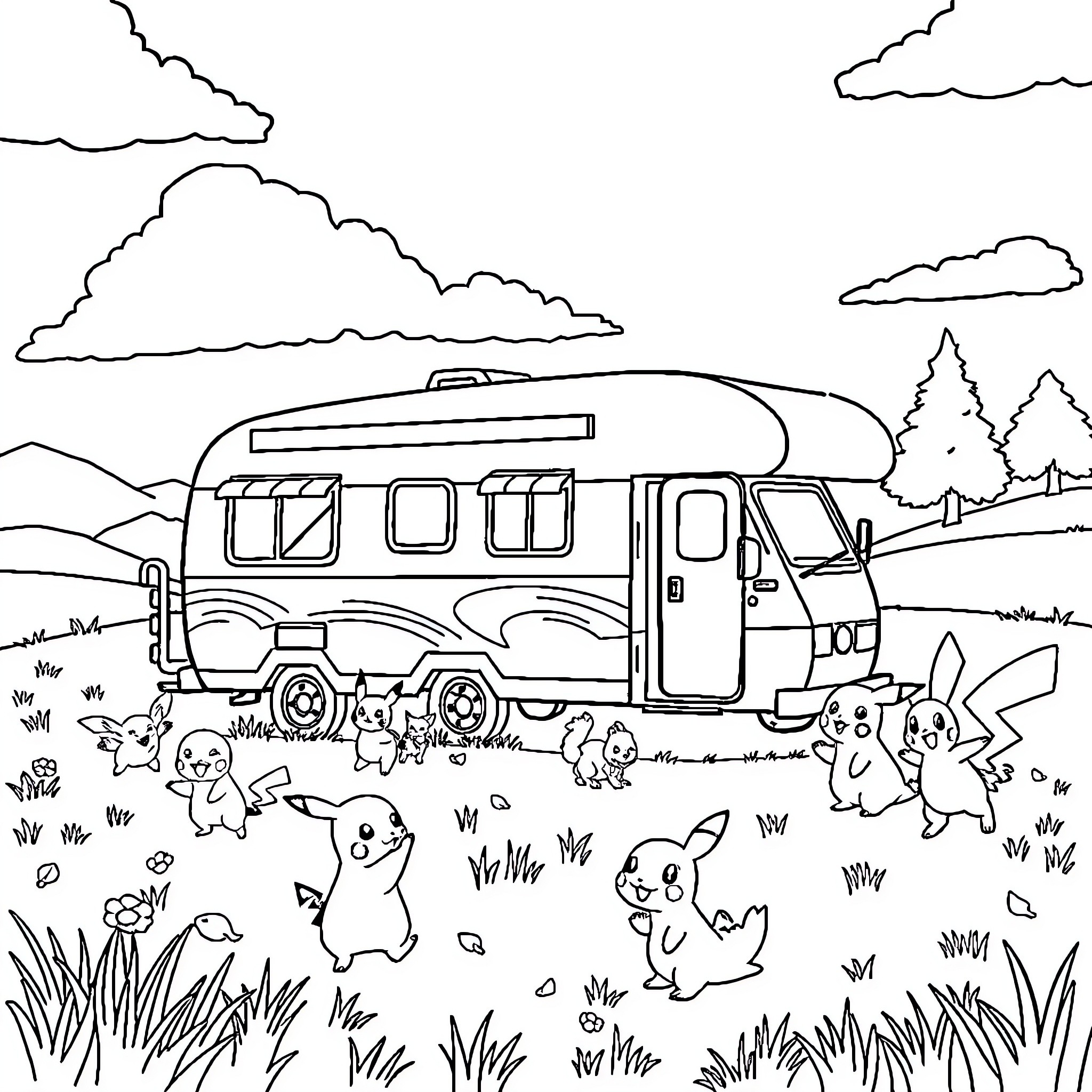 Camping Car with Pokemon in the Wilderness Coloring Page (free black-and-white line drawing printable PDF for all, from beginners to advanced learners, including children, teens, adults, and seniors)
