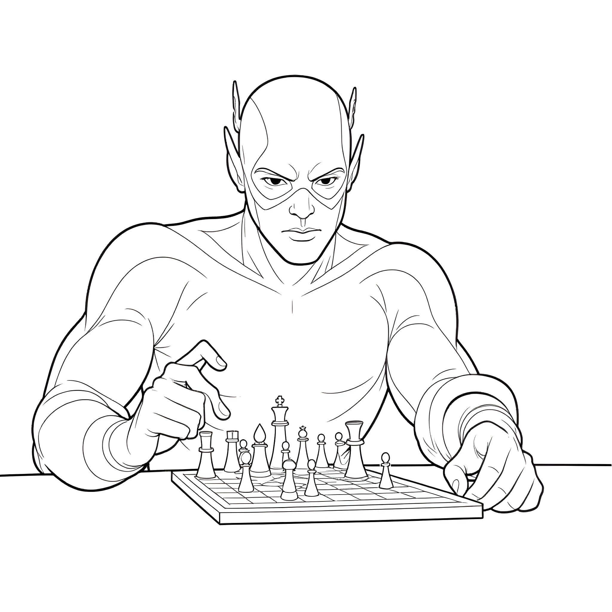 Flash playing strategic chess game Coloring Page (free black-and-white line drawing printable PDF for all, from beginners to advanced learners, including children, teens, adults, and seniors)