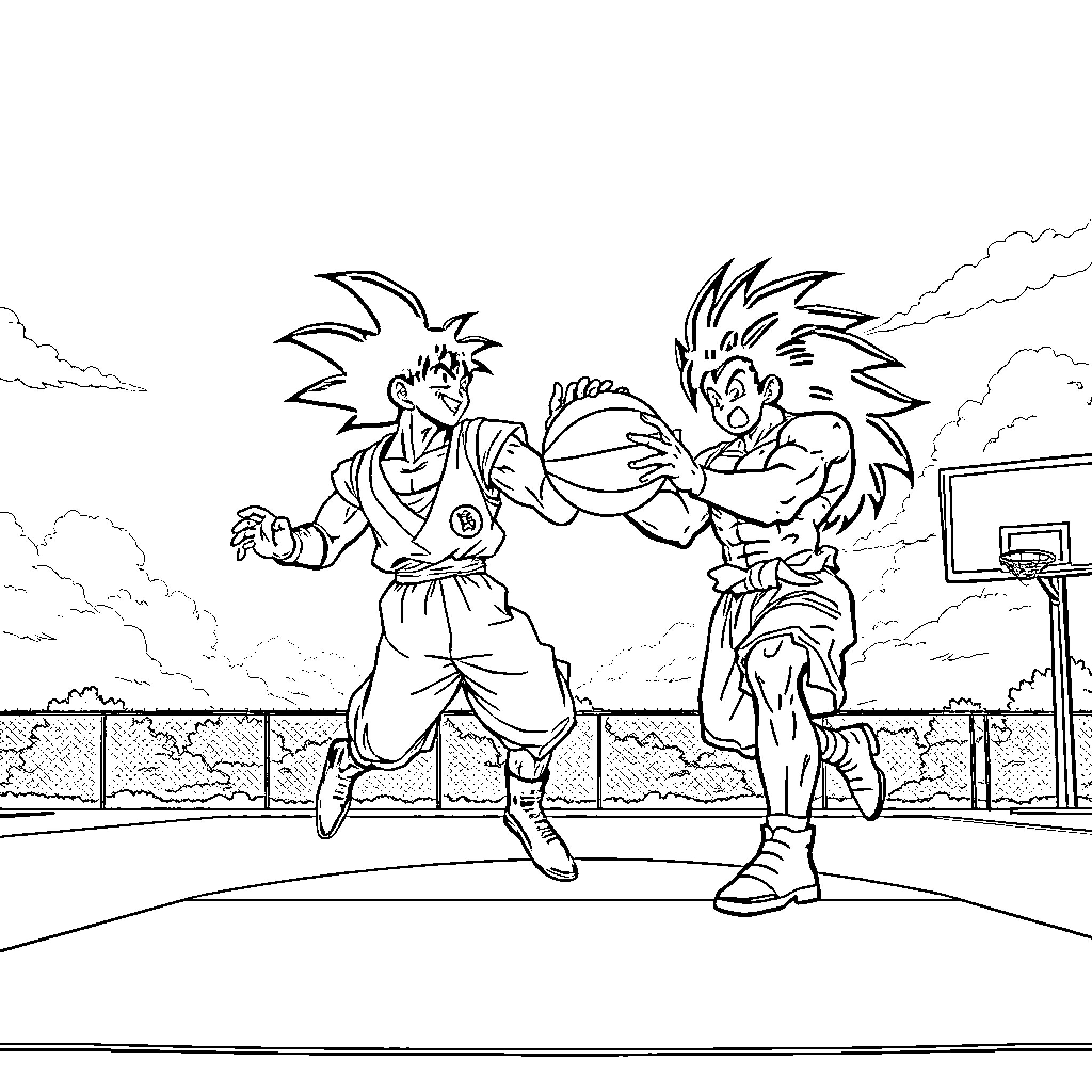 Goku and Goku engaged in intense sparring match Coloring Page (free black-and-white line drawing printable PDF for all, from beginners to advanced learners, including children, teens, adults, and seniors)