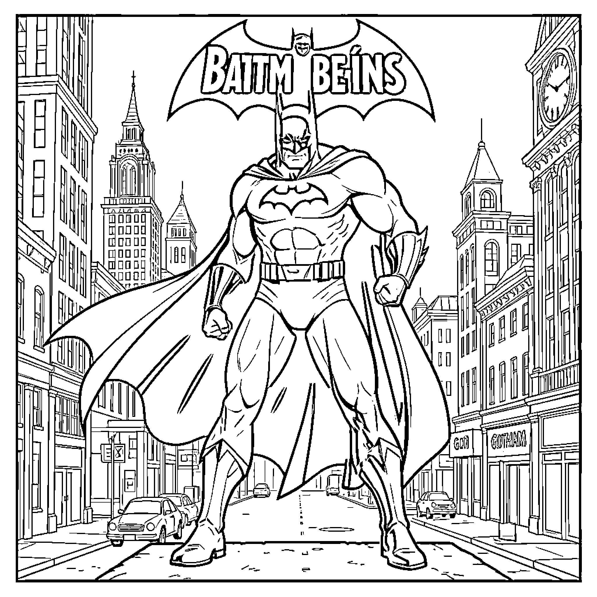 Batman Roams the City Streets Coloring Page (free black-and-white line drawing printable PDF for all, from beginners to advanced learners, including children, teens, adults, and seniors)