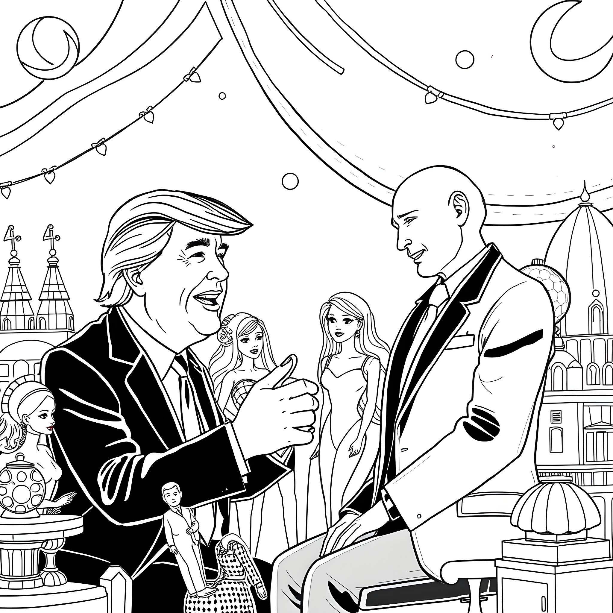 Trump's Lavish Christmas Party Celebration Coloring Page (free black-and-white line drawing printable PDF for all, from beginners to advanced learners, including children, teens, adults, and seniors)