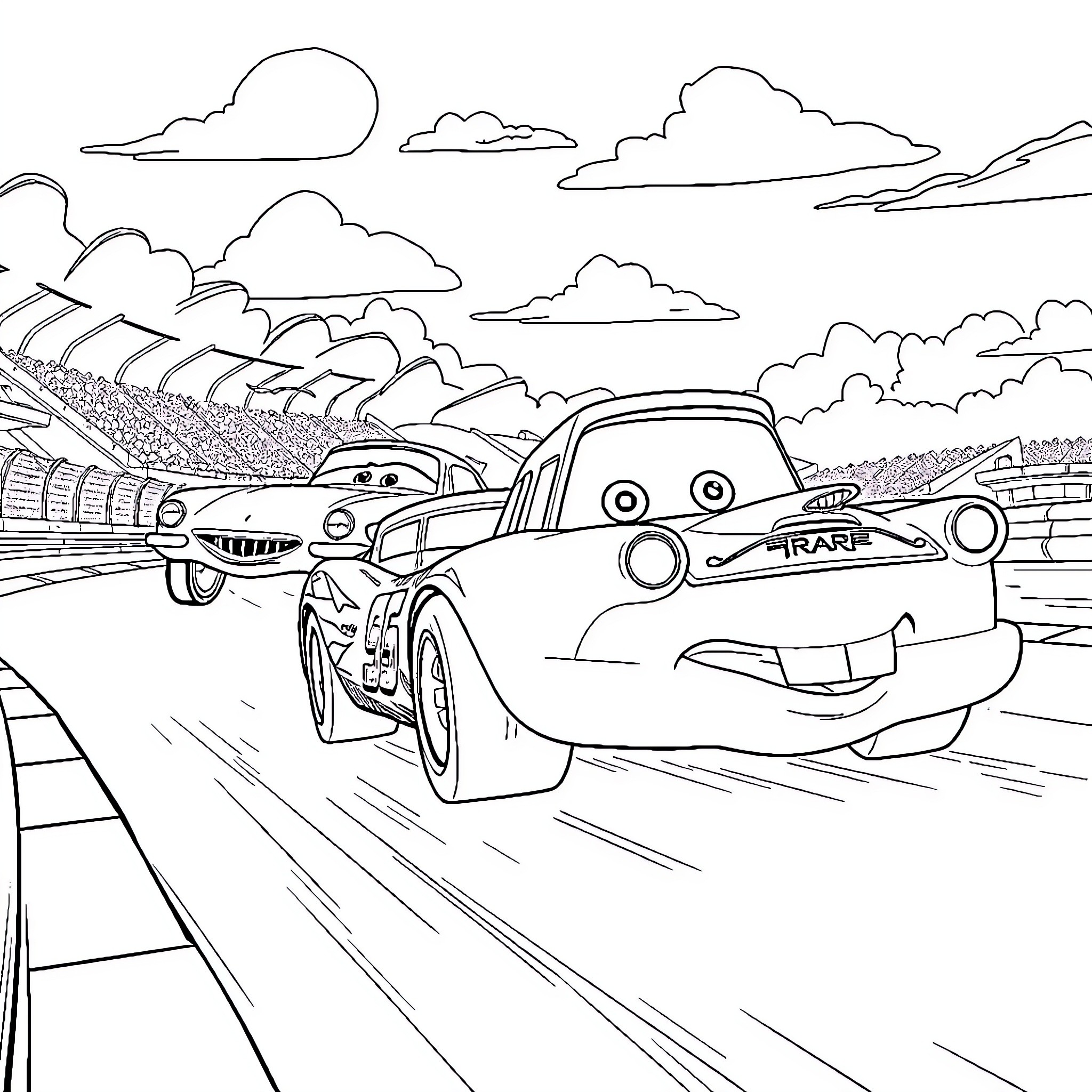 Lightning McQueen racing on the track with friends Coloring Page (free black-and-white line drawing printable PDF for all, from beginners to advanced learners, including children, teens, adults, and seniors)