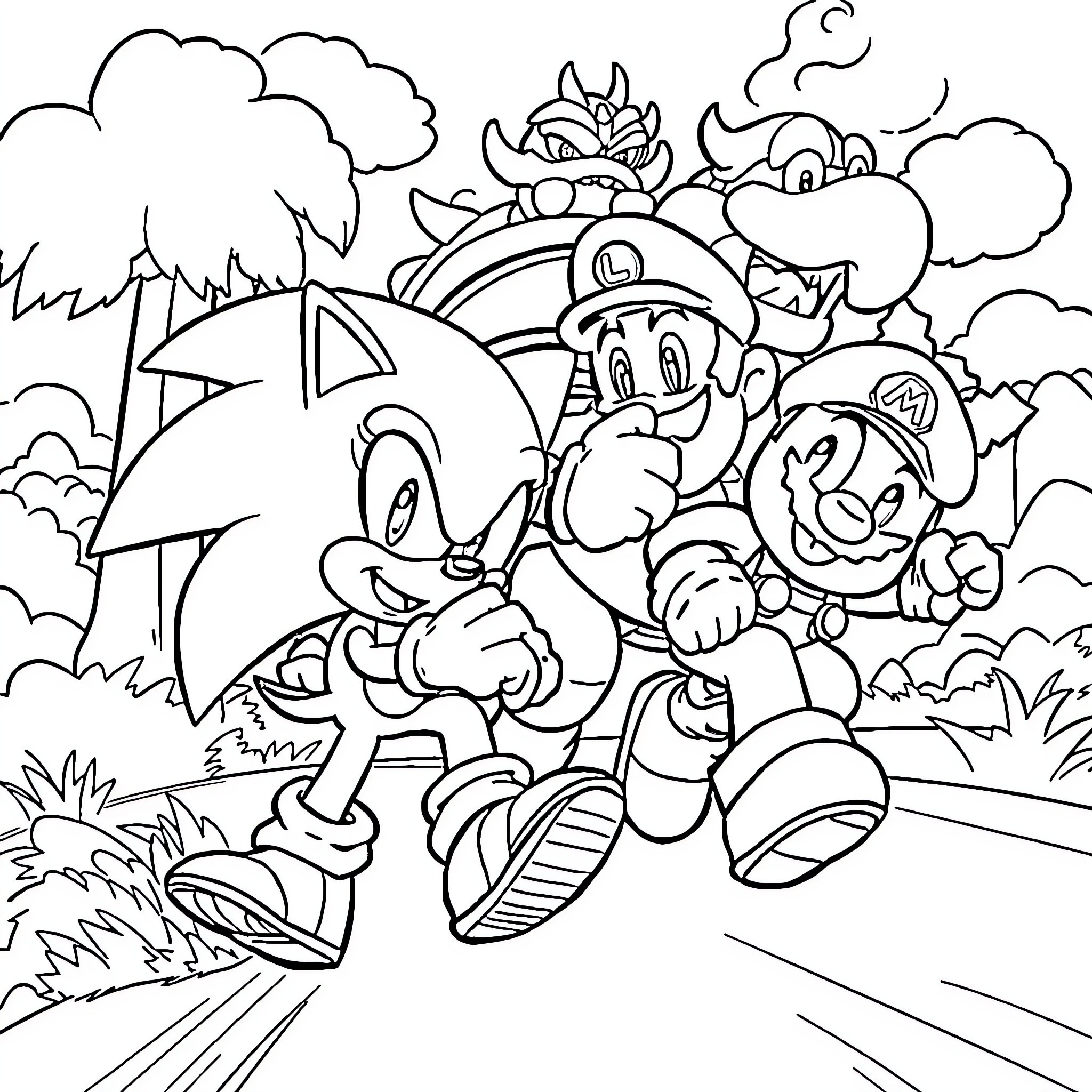 Sonic's Adventurous Journey with Friends Coloring Page (free black-and-white line drawing printable PDF for all, from beginners to advanced learners, including children, teens, adults, and seniors)