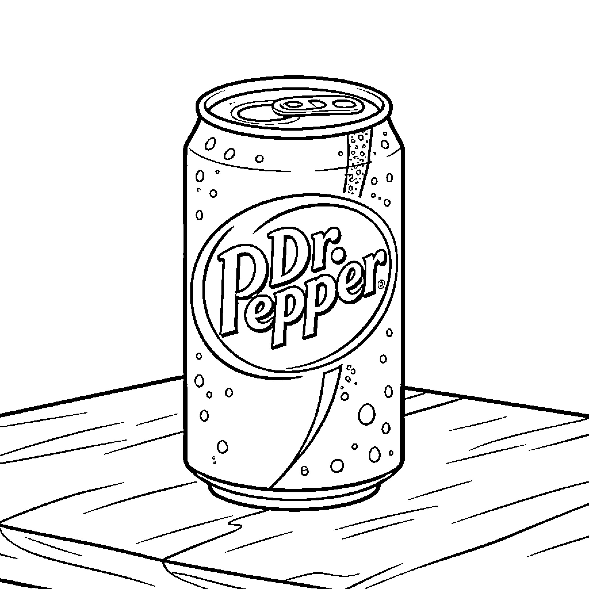 Dr Pepper soda can sitting on a wooden surface Coloring Page (free black-and-white line drawing printable PDF for all, from beginners to advanced learners, including children, teens, adults, and seniors)