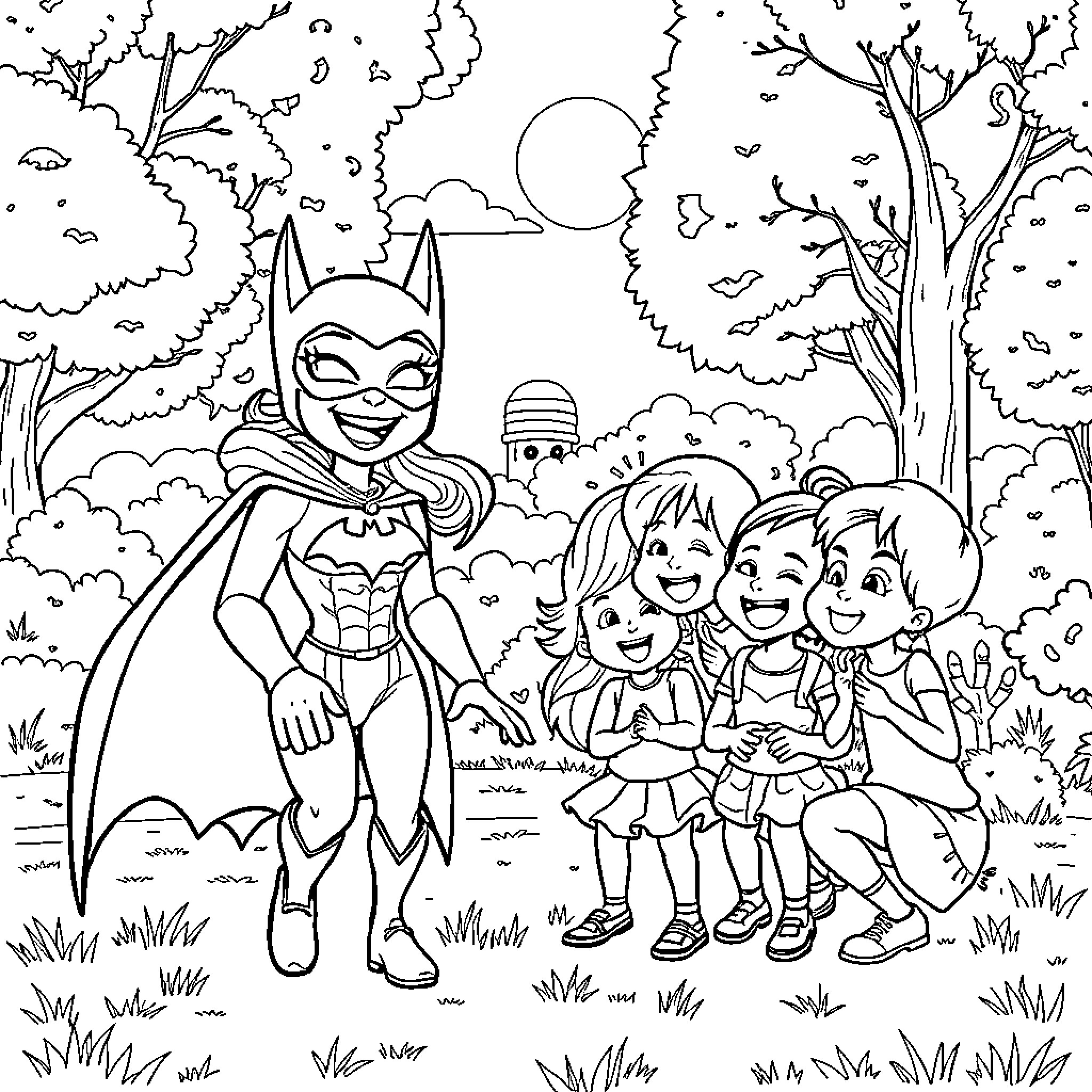 Batgirl helps children in the forest Coloring Page (free black-and-white line drawing printable PDF for all, from beginners to advanced learners, including children, teens, adults, and seniors)