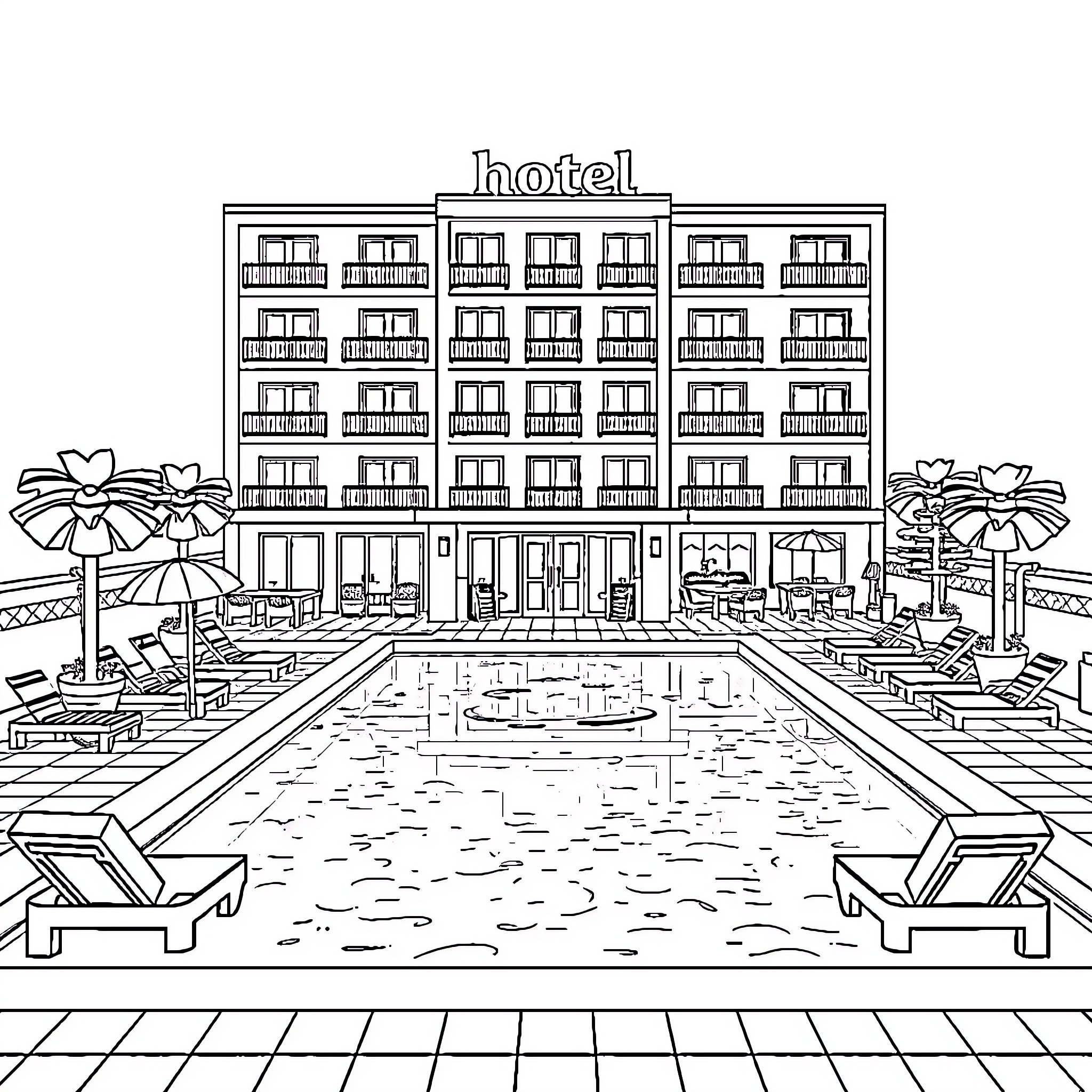 Lego characters enjoy hotel amenities and recreation Coloring Page (free black-and-white line drawing printable PDF for all, from beginners to advanced learners, including children, teens, adults, and seniors)
