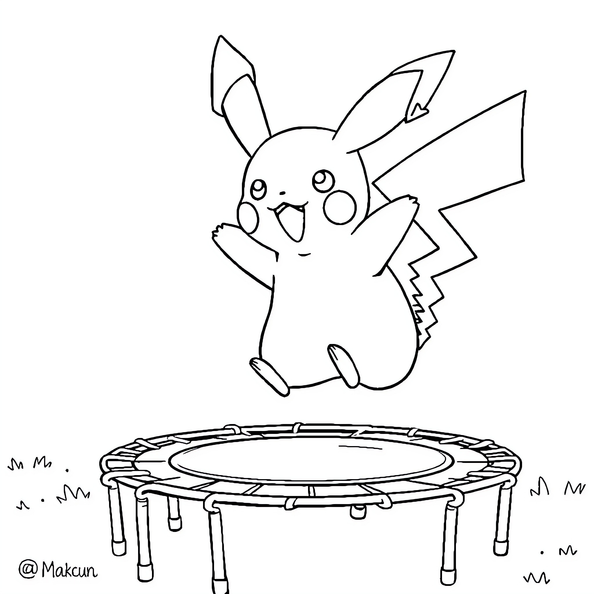 Pikachu Jumping Joyfully on Trampoline Coloring Page (free black-and-white line drawing printable PDF for all, from beginners to advanced learners, including children, teens, adults, and seniors)