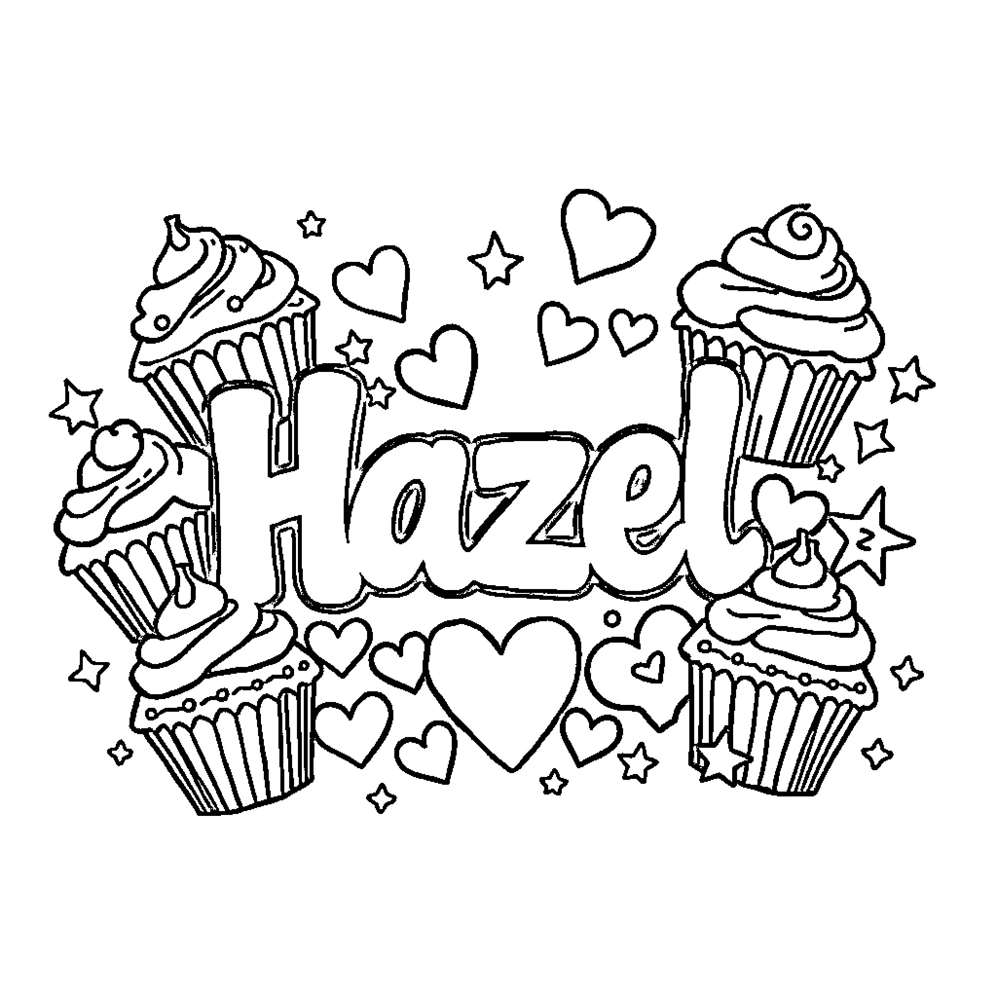 Hazel's Colorful Cupcake Creations Coloring Page (free black-and-white line drawing printable PDF for all, from beginners to advanced learners, including children, teens, adults, and seniors)
