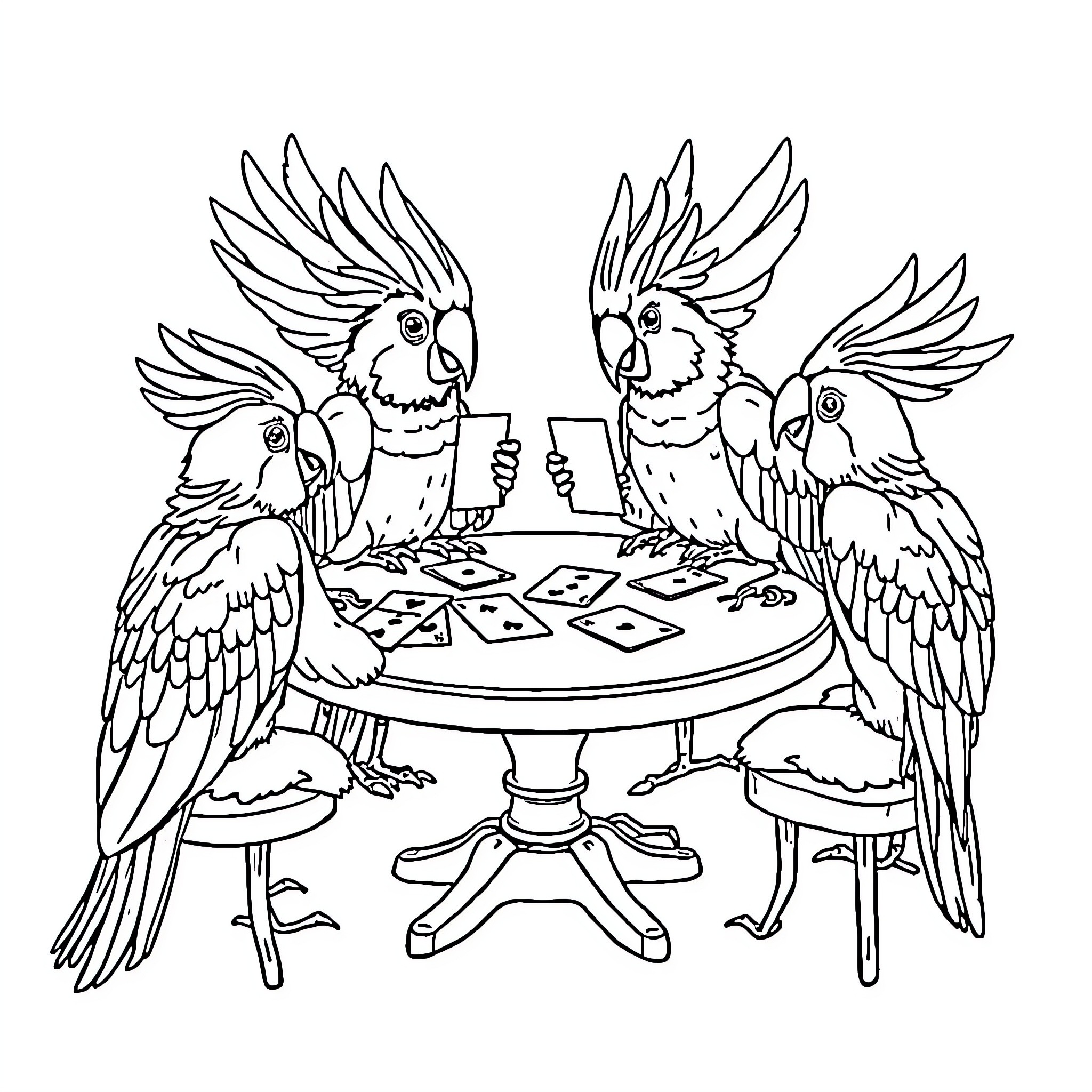 Cockatoos playing cards at a table Coloring Page (free black-and-white line drawing printable PDF for all, from beginners to advanced learners, including children, teens, adults, and seniors)