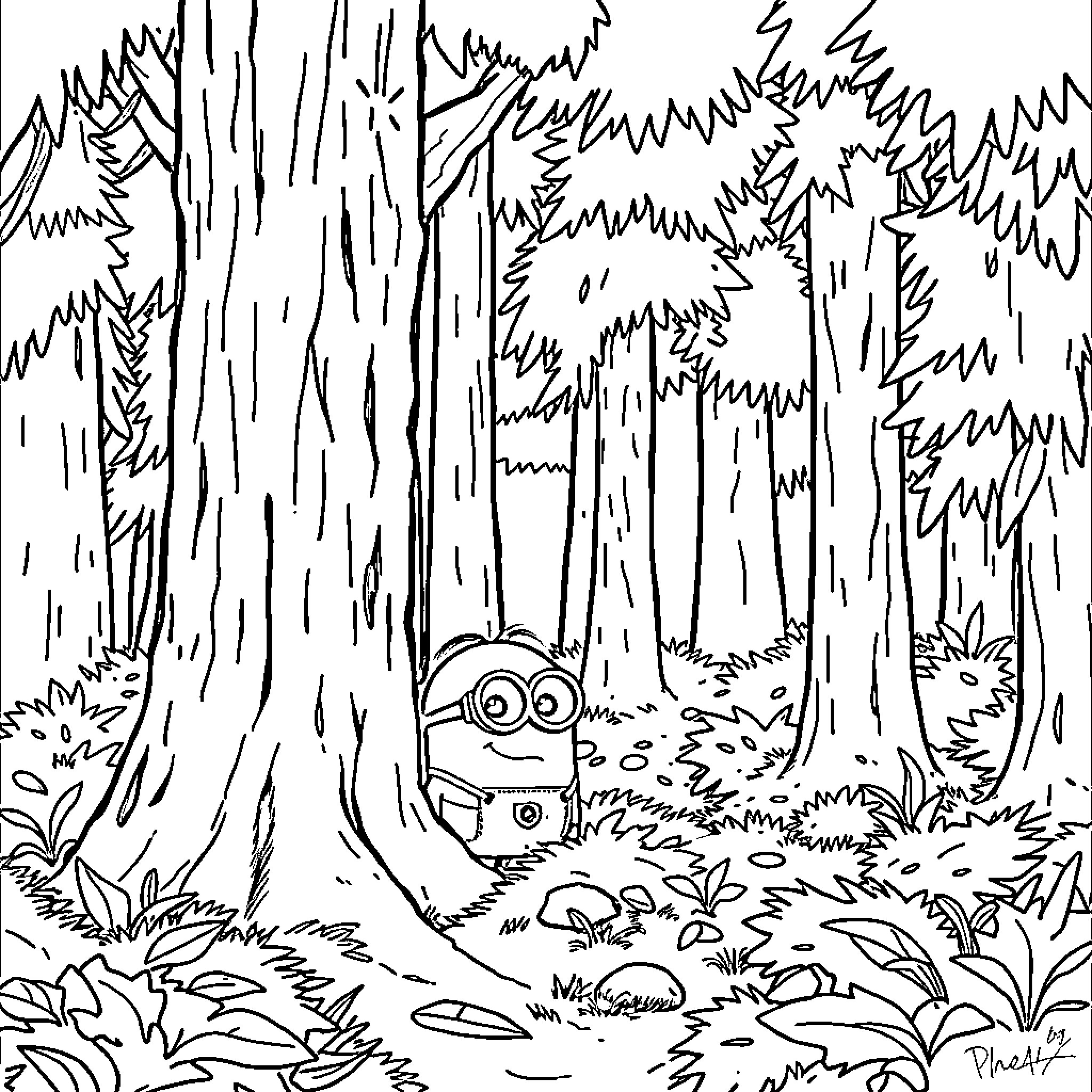 Minion exploring the mysterious forest Coloring Page (free black-and-white line drawing printable PDF for all, from beginners to advanced learners, including children, teens, adults, and seniors)