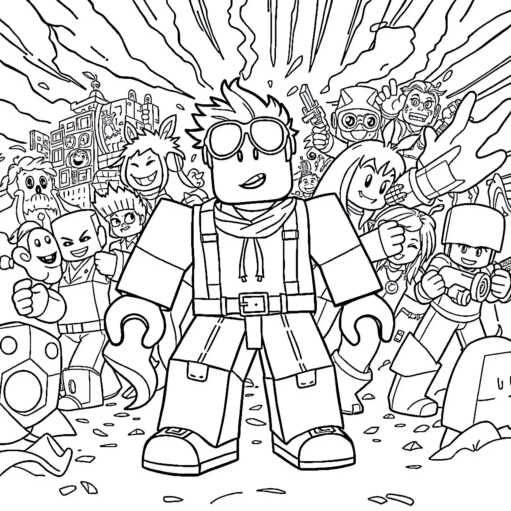 Roblox characters in an adventurous scene Coloring Page (free black-and-white line drawing printable PDF for all, from beginners to advanced learners, including children, teens, adults, and seniors)