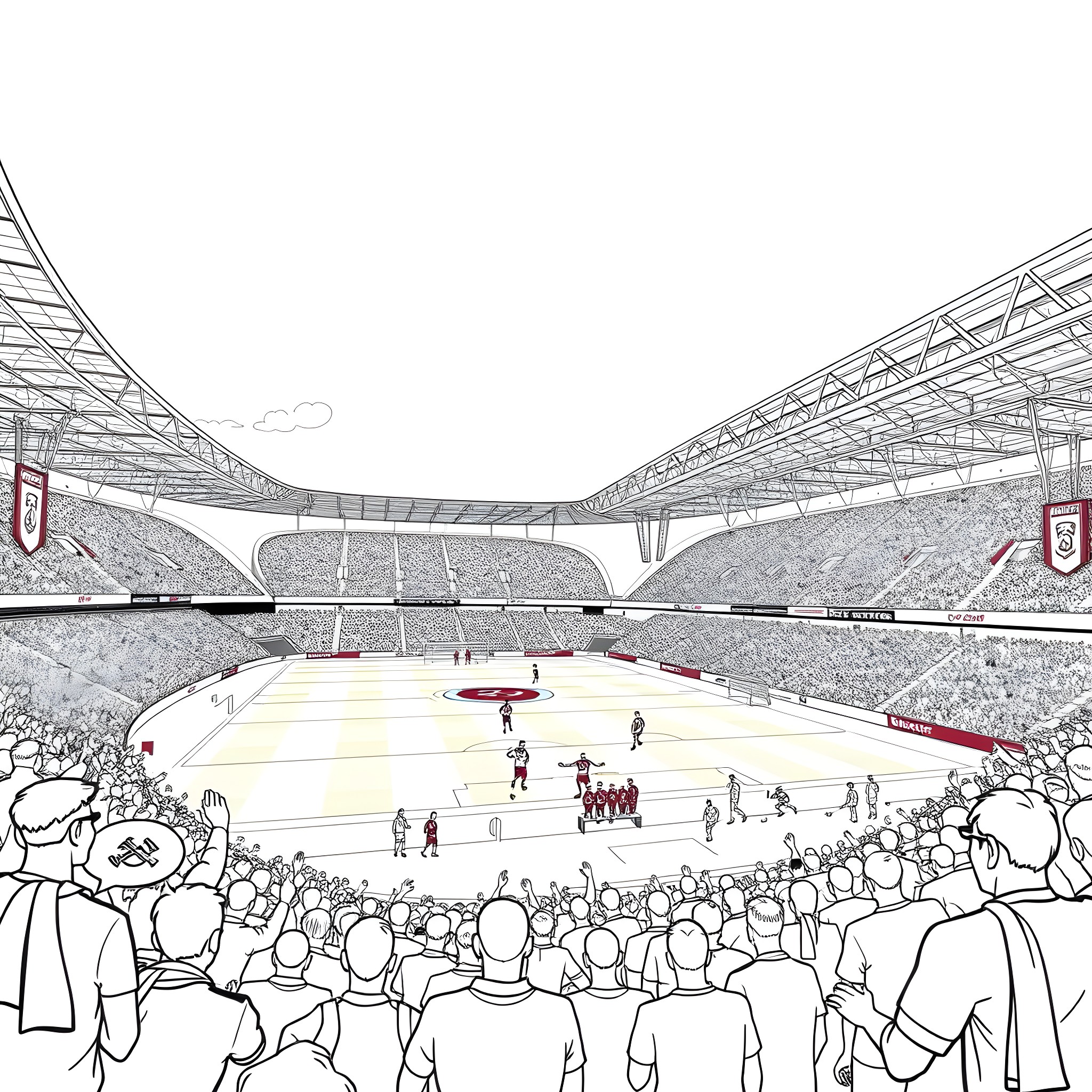 West Ham Fans Cheering at the Bustling Stadium Coloring Page (free black-and-white line drawing printable PDF for all, from beginners to advanced learners, including children, teens, adults, and seniors)