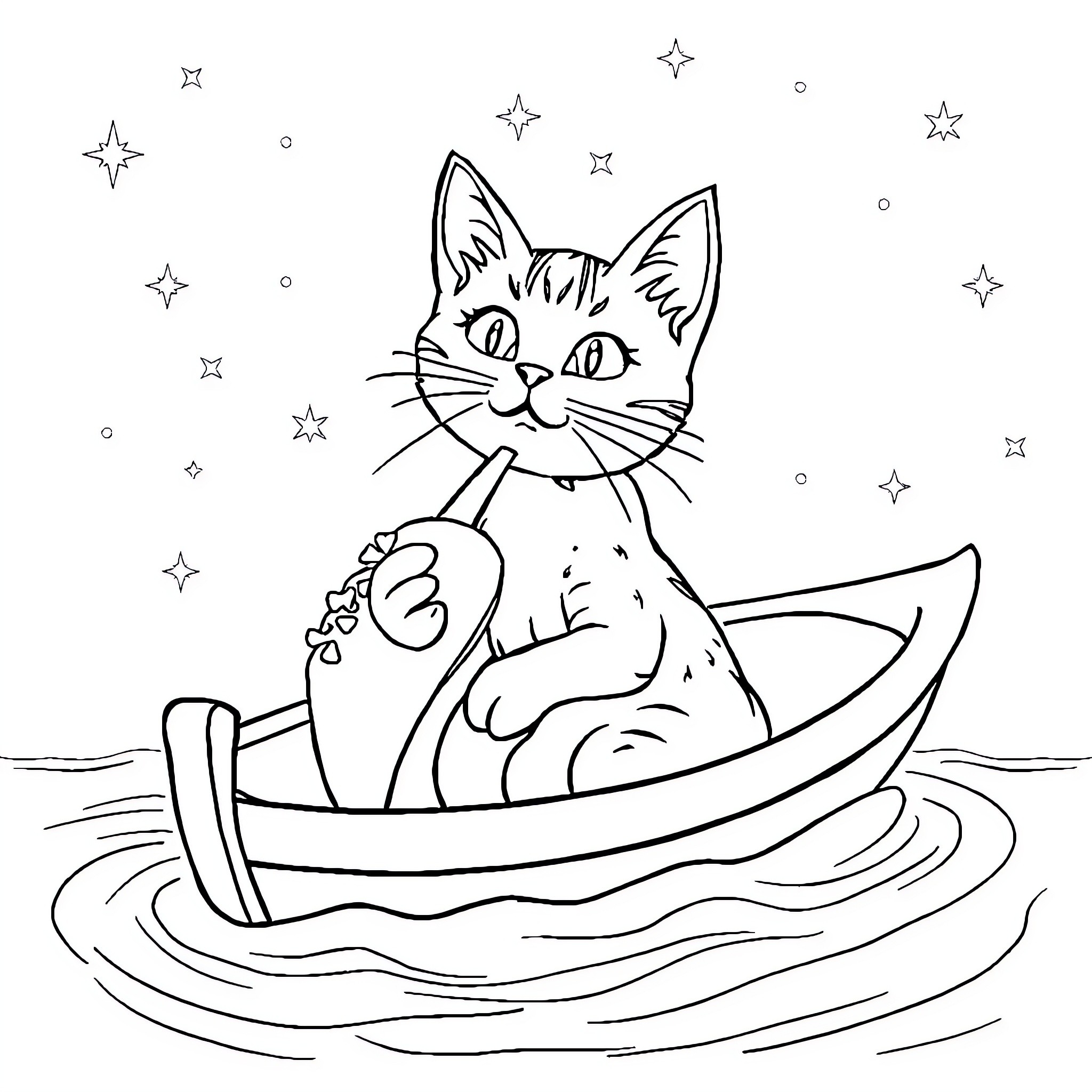 Cat sailing in a boat under the stars Coloring Page (free black-and-white line drawing printable PDF for all, from beginners to advanced learners, including children, teens, adults, and seniors)